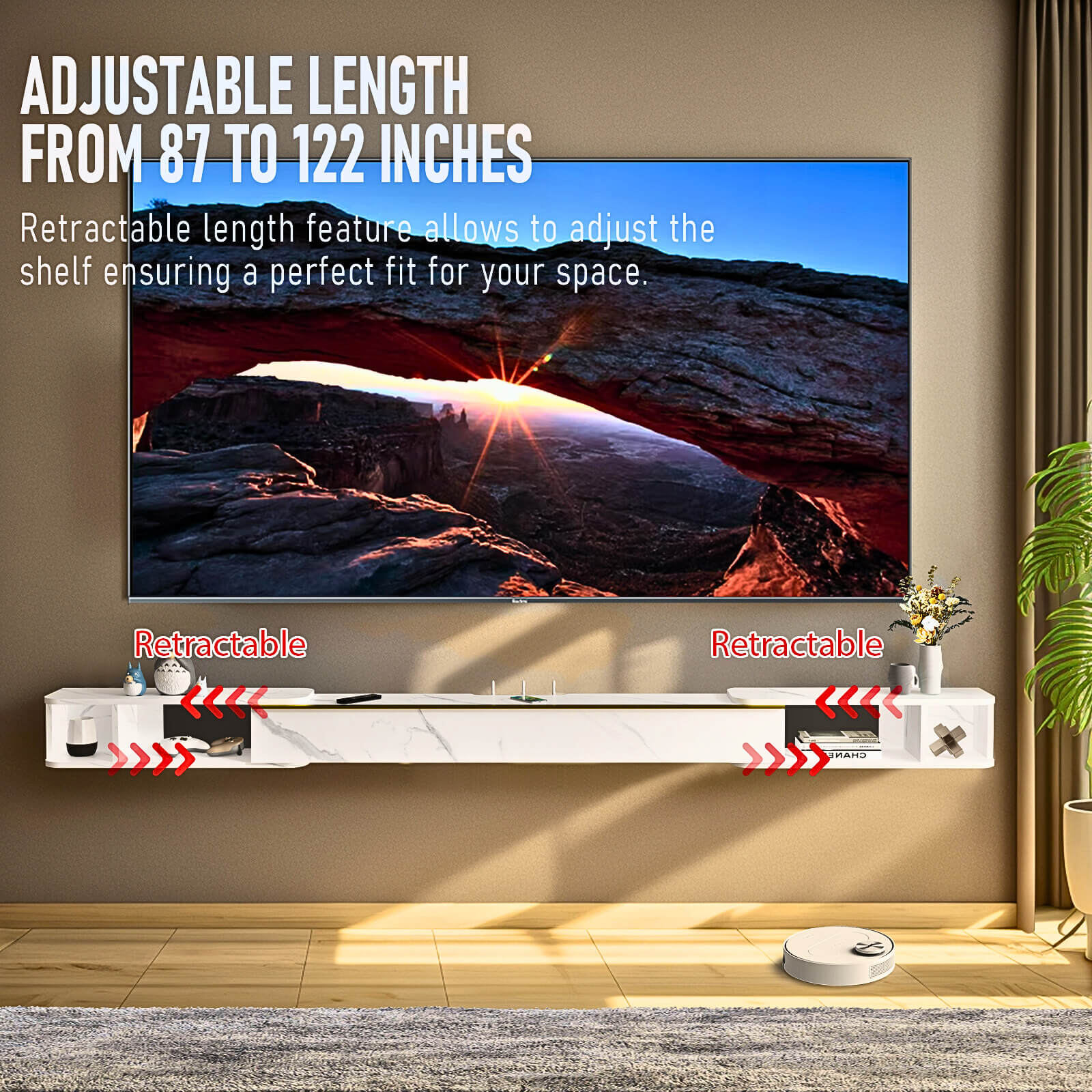 87'' to 122''Extra Long Extendable White Floating Wall Shelf Under TV, Storage for Soundbar, AV Receiver, Cable Box, Game Console, Hide TV Wires, 7-10 ft