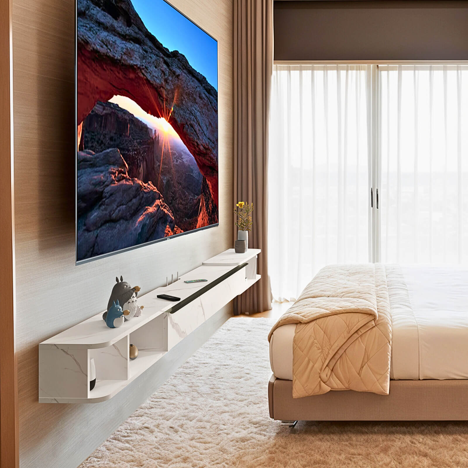 Extendable White Wall Mounted Entertainment Center for 85 90 95 100 Inch TVs, Extra Long Hanging Narrow TV Console Shelf with Golden Accent Door