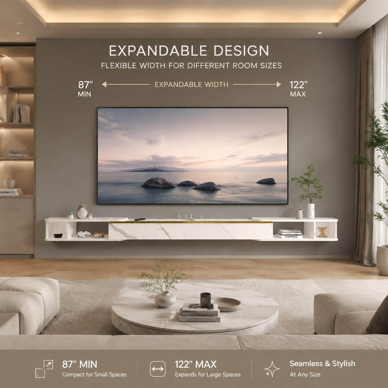 87"- 122" Retracto Floating TV Stand, Marble White