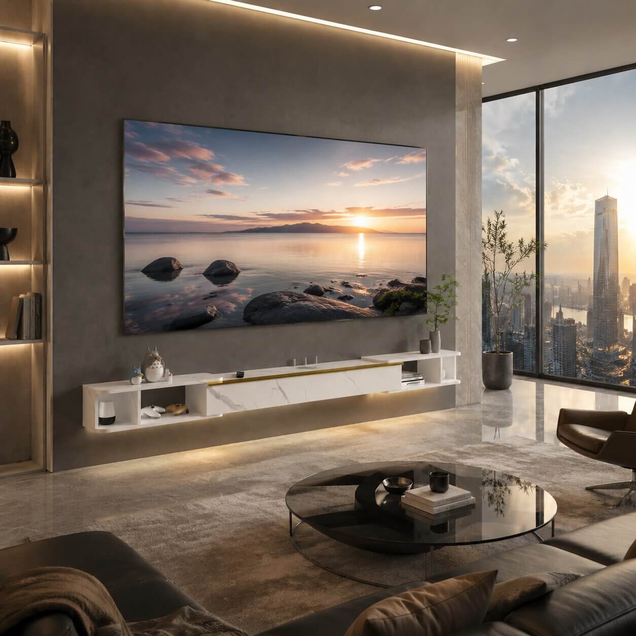 87"- 122" Retracto Floating TV Stand, Marble White