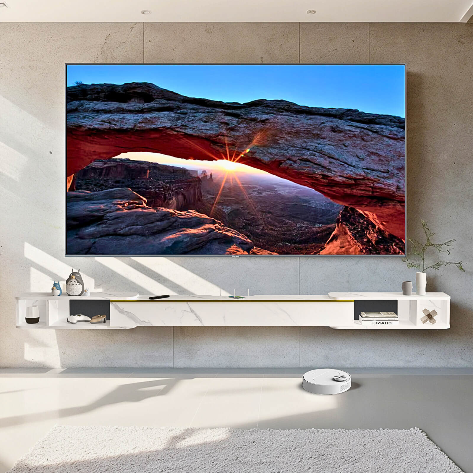 Retractable White Modern Wood Floating Media Console for 85 90 95 100 Inch TVs, Long Slim Wall Mounted Entertainment Shelf with Golden Accent Door