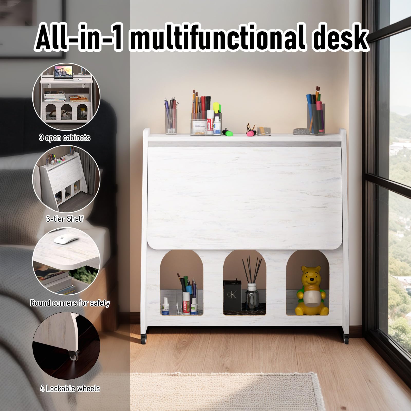 Rolling Folding Wall Desk, White