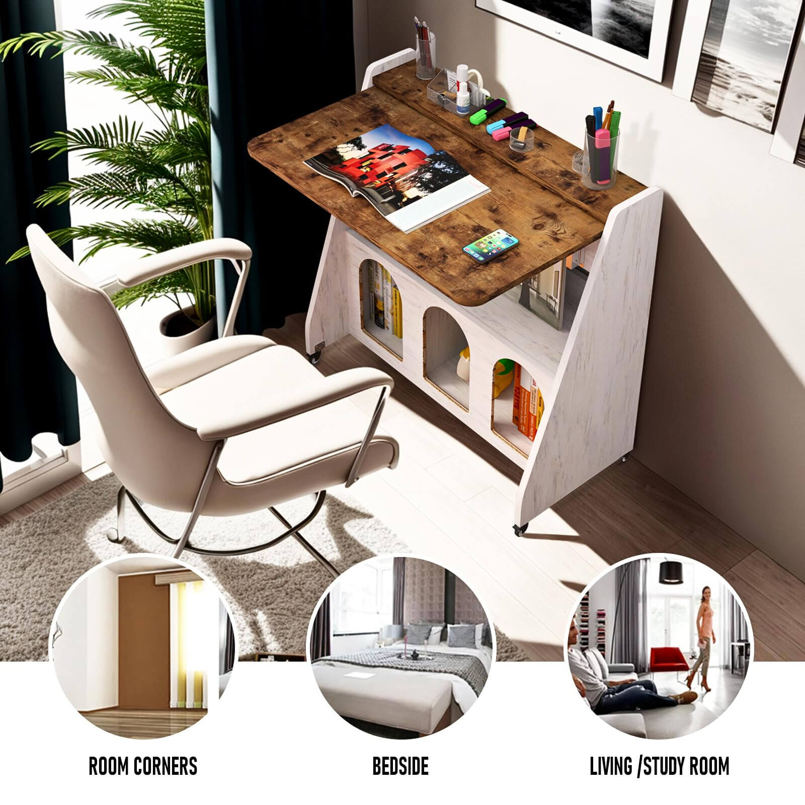 Rolling Foldable Desk with Four Wheels & Storage Shelf for Home Office