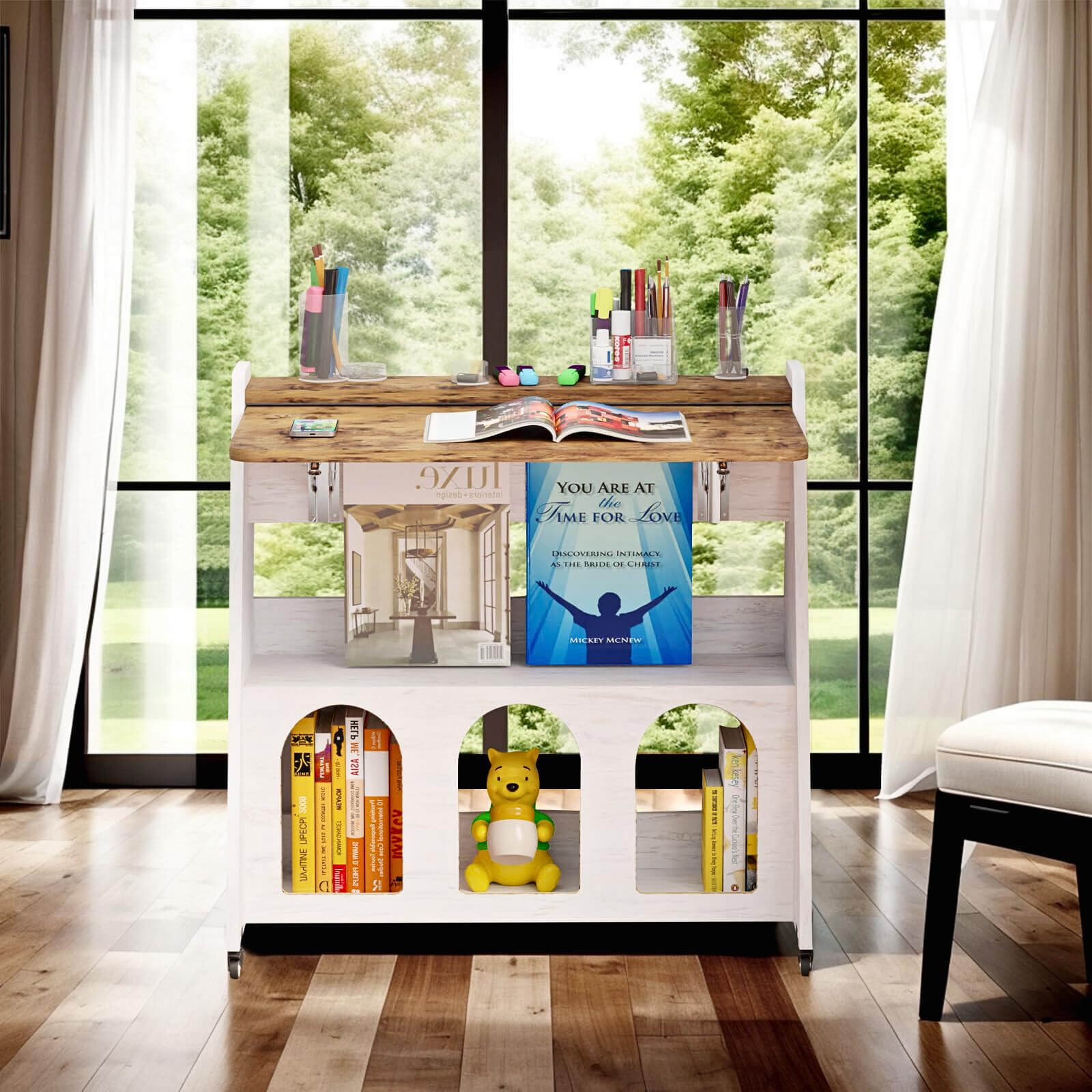 Rolling Foldable Desk with Four Wheels & Storage Shelf for Home Office