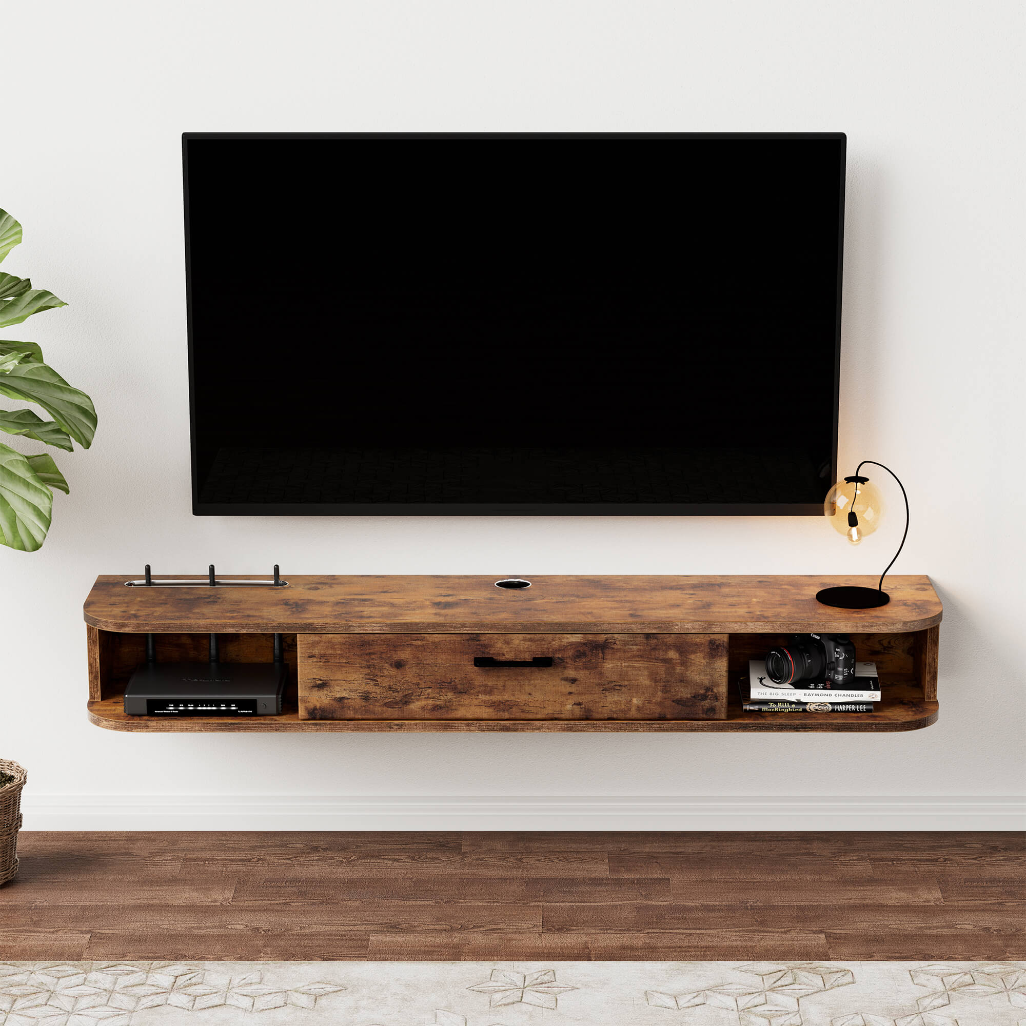 9.29” Deep Low Profile Floating TV stand for Small Spaces, Living Room, Bedroom, Rustic Dark Brown Short Entertainment Center