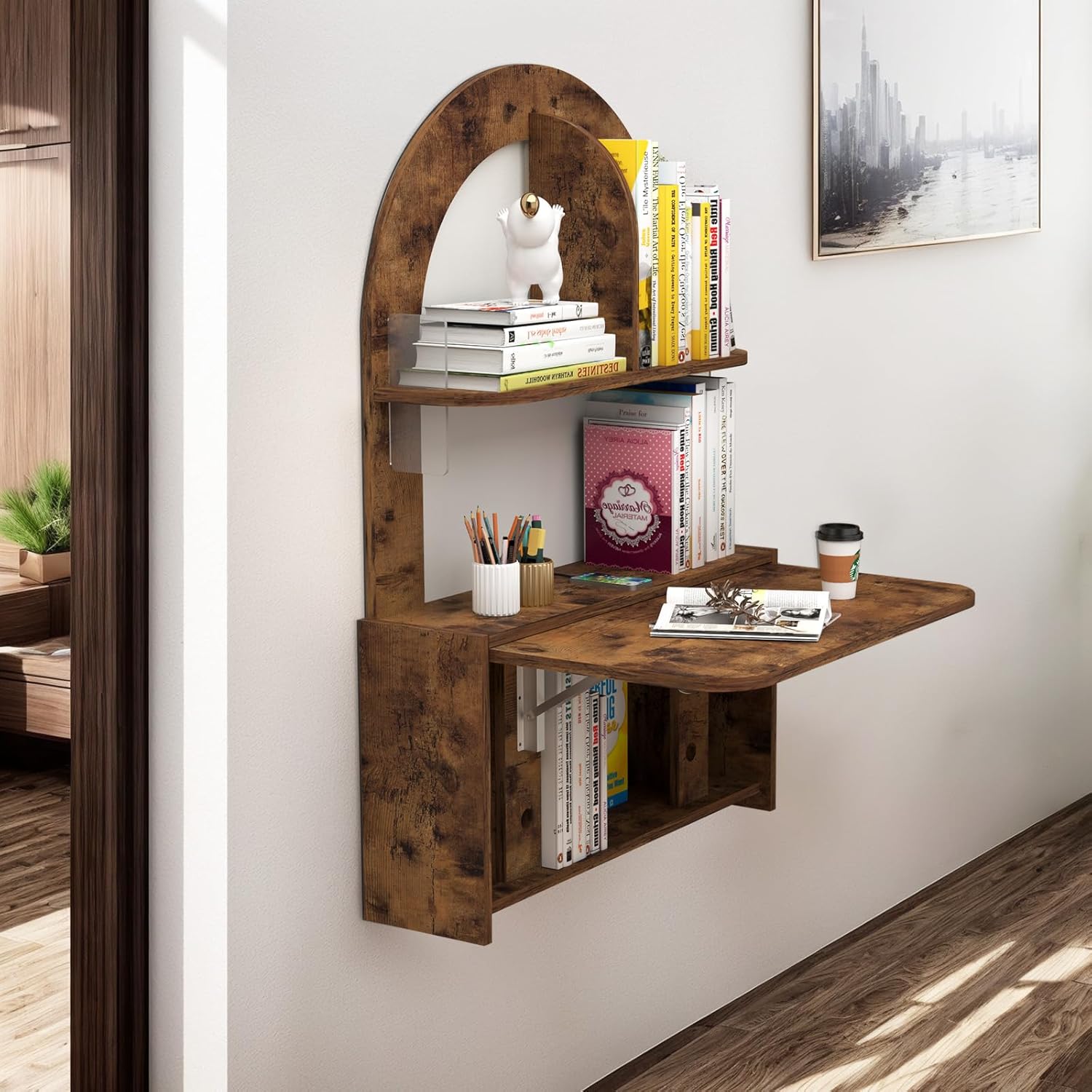 Farmhouse Wall Shelf with Fold-Down Desk, Rustic Floating Bookshelf, Brown Wood Finish, Compact Workstation for Home Office or Entryway Storage