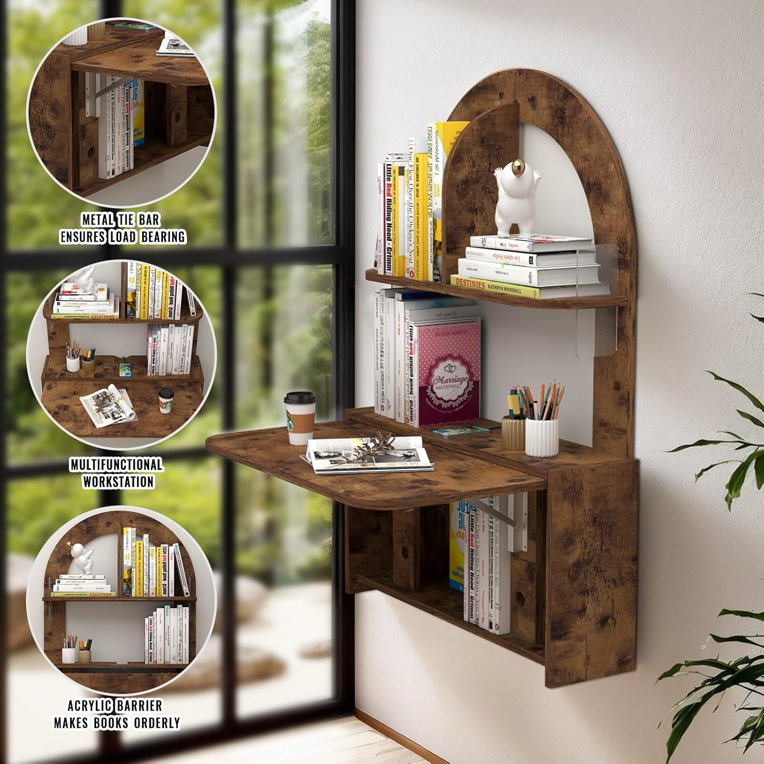 Plywood Wall-Mounted Bookshelf with Fold-Down Desk, Brown Finish Floating Shelf, Small Space Home Office Desk, Organizer for Apartment or Dorm