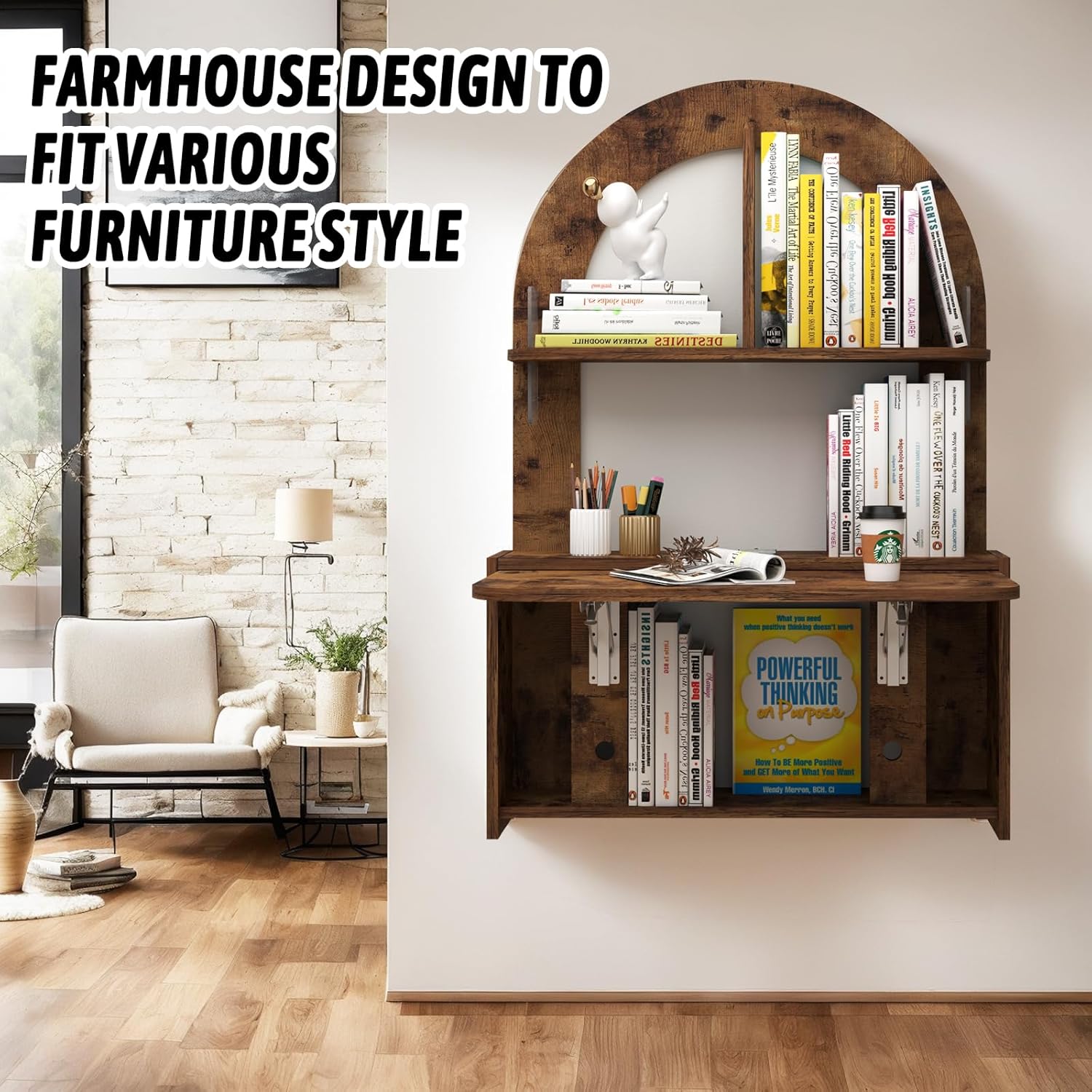 Rustic Floating Shelf with Drop-Down Desk, Farmhouse Wall Unit in Brown Finish, Space-Saving Bookshelf and Work Surface for Bedroom or Kitchen
