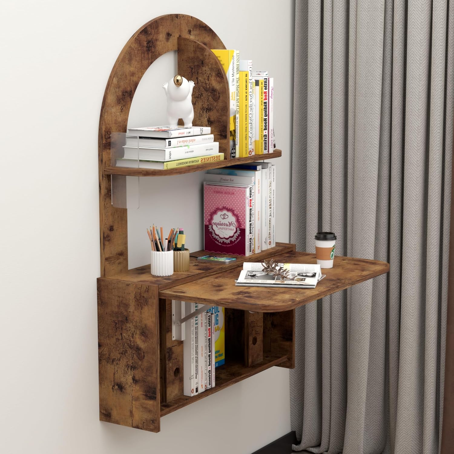 Plywood Wall Desk with Storage, Fold-Down Floating Shelf in Brown Finish, Ideal for Home Office Setup, Laptop Station for Small Apartments