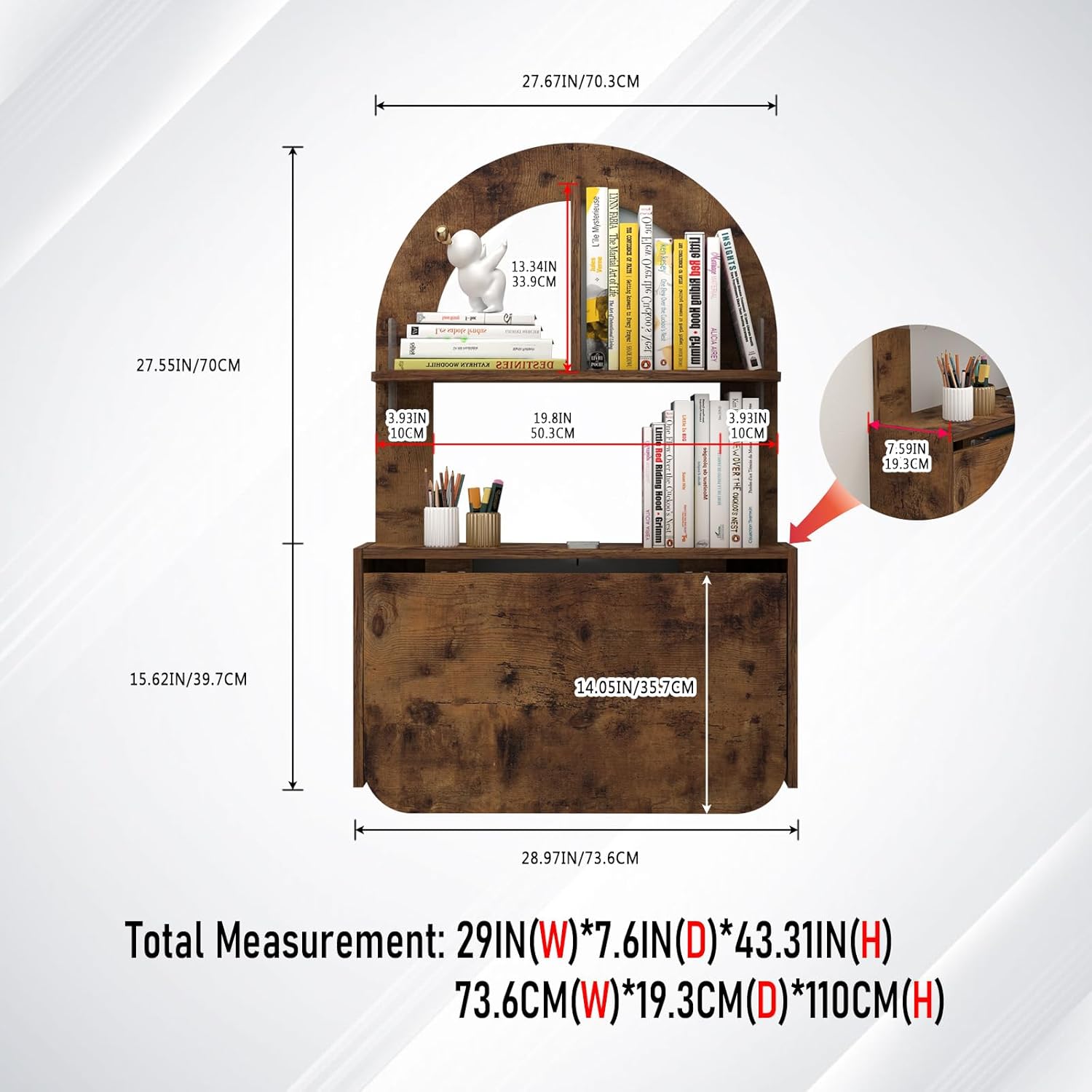 Rustic Fold-Down Desk with Wall Shelf, Floating Bookshelf with Storage in Brown Finish, Study Station for College Dorms, Bedrooms or Small Spaces