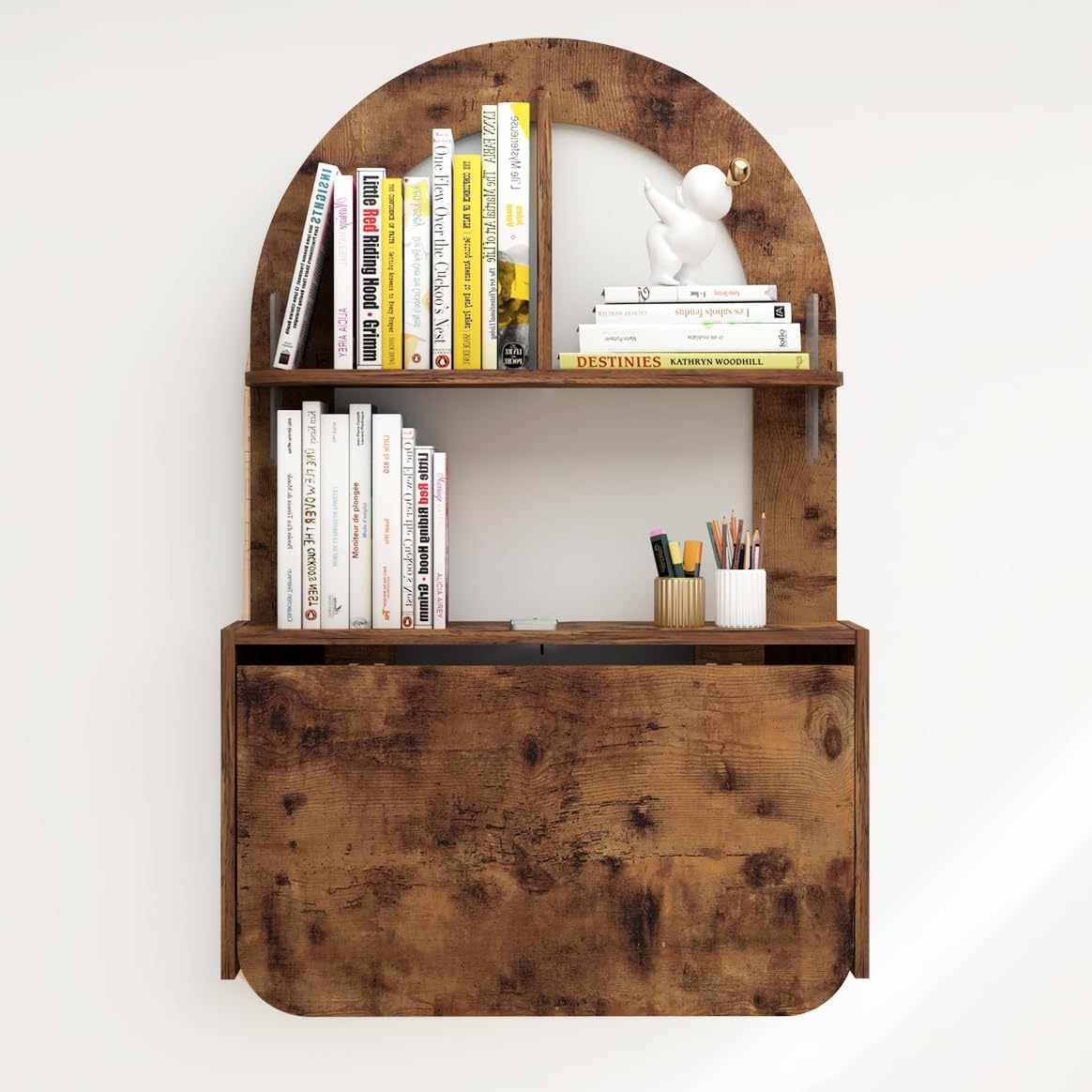 Wall-Mounted Fold-Down Desk with Storage, Brown Floating Bookshelf for Kids’ Homework, Art Station or Toy Organizer, Compact Family Workspace
