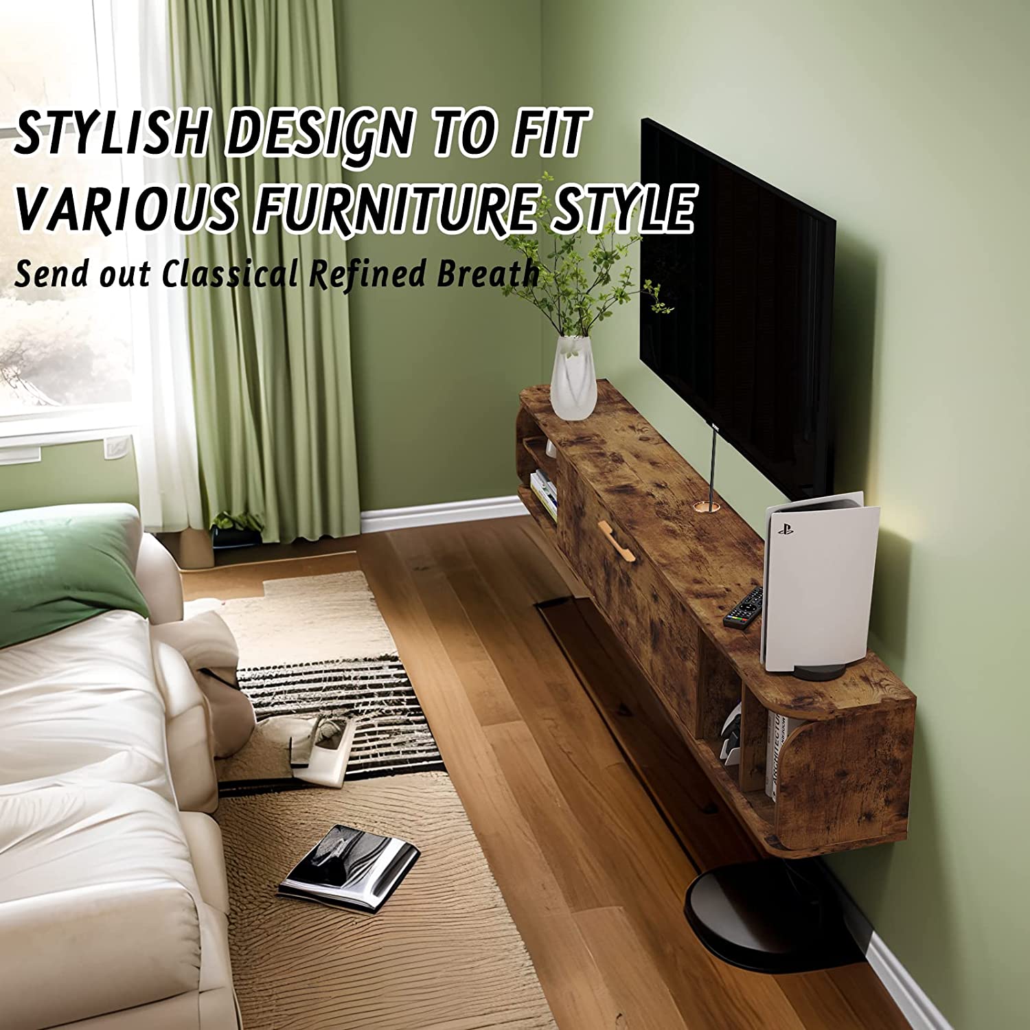 Floating TV Console with Golden Handle and Flip-down Door #color_rustic brown