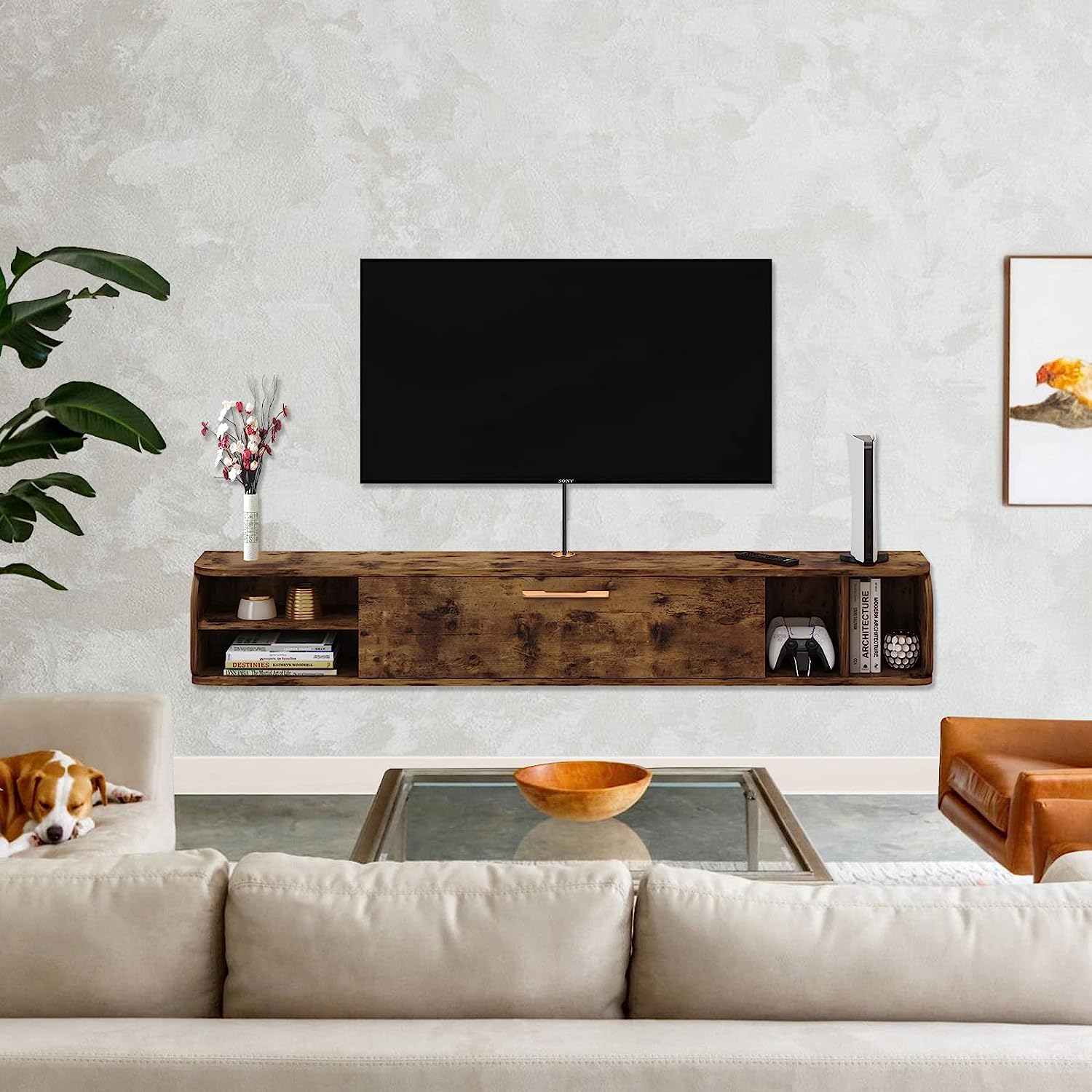 Floating TV Console with Golden Handle and Flip-down Door #color_rustic brown