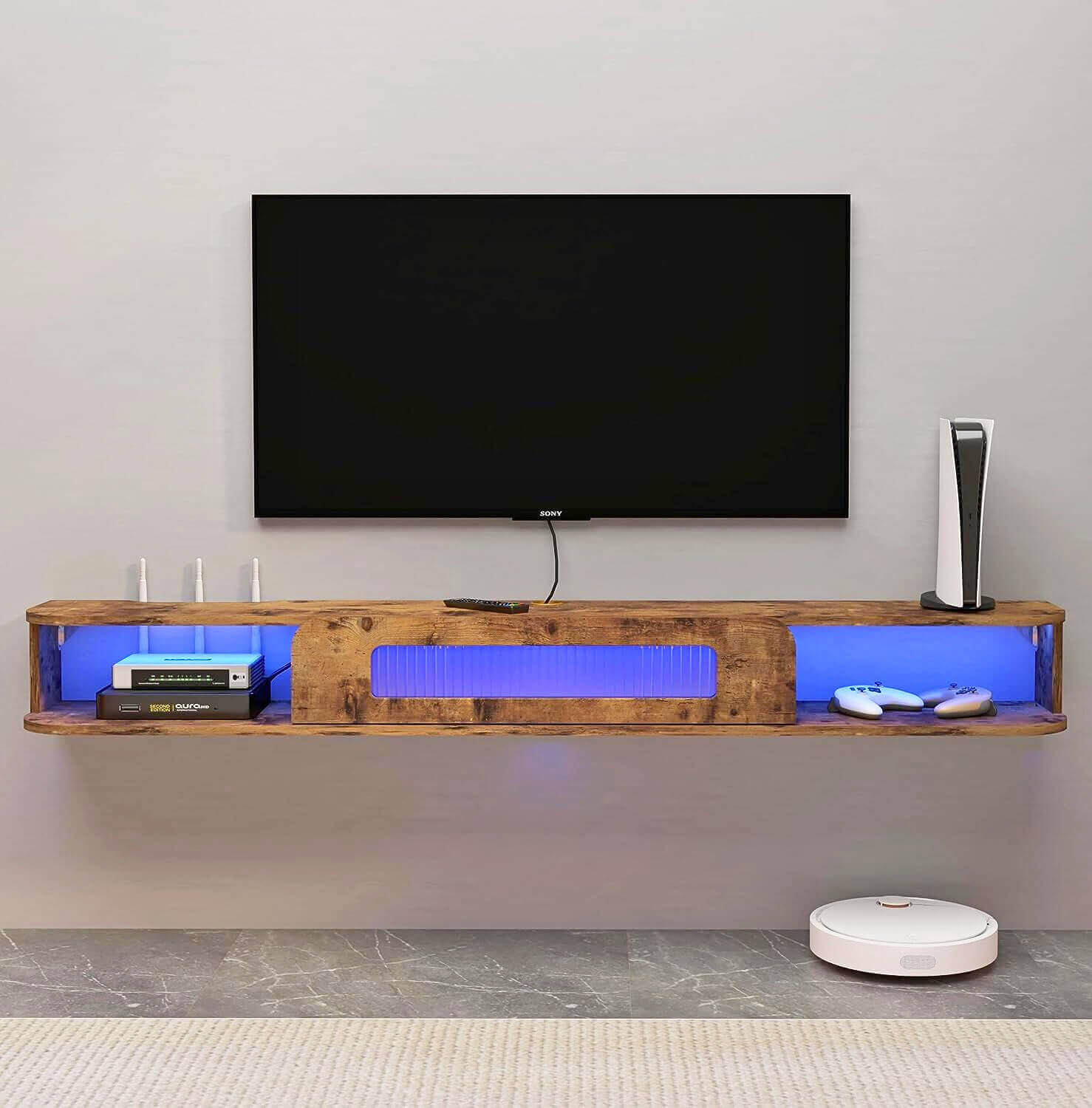 Rustic Brown Wood Floating TV Shelf for 50" with LED Lights and Glass Door