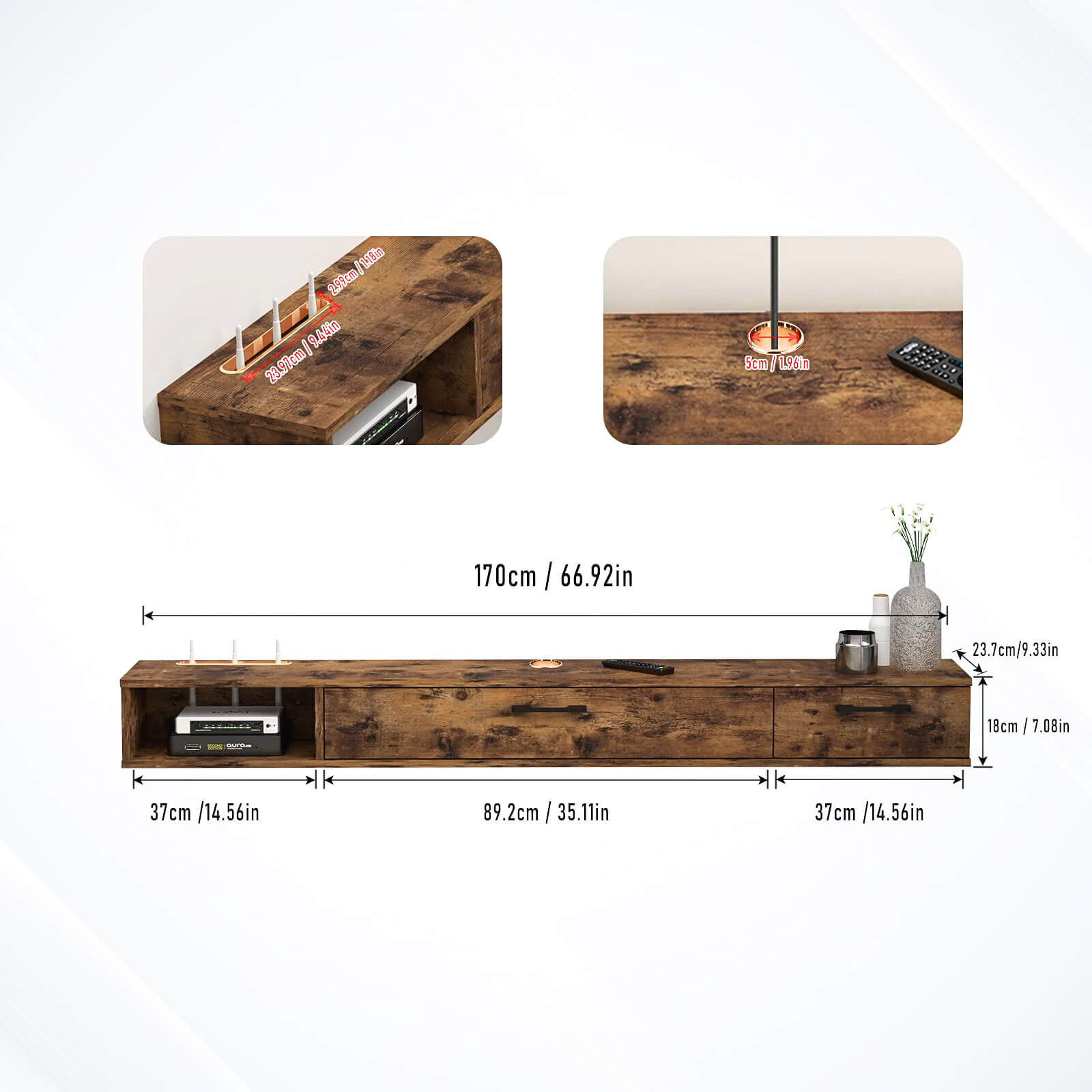 67" Rustica Floating TV Stand, Dark Brown