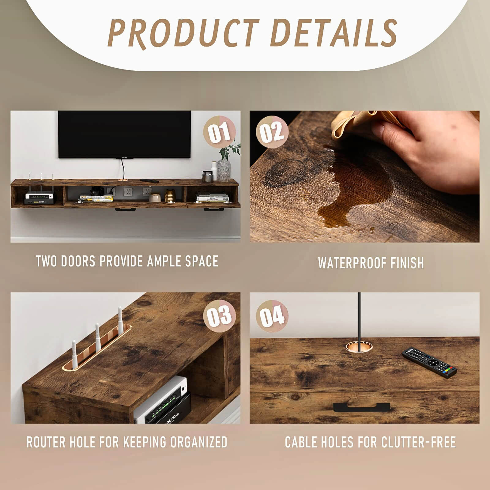 55" Rustica Floating TV Stand, Dark Brown