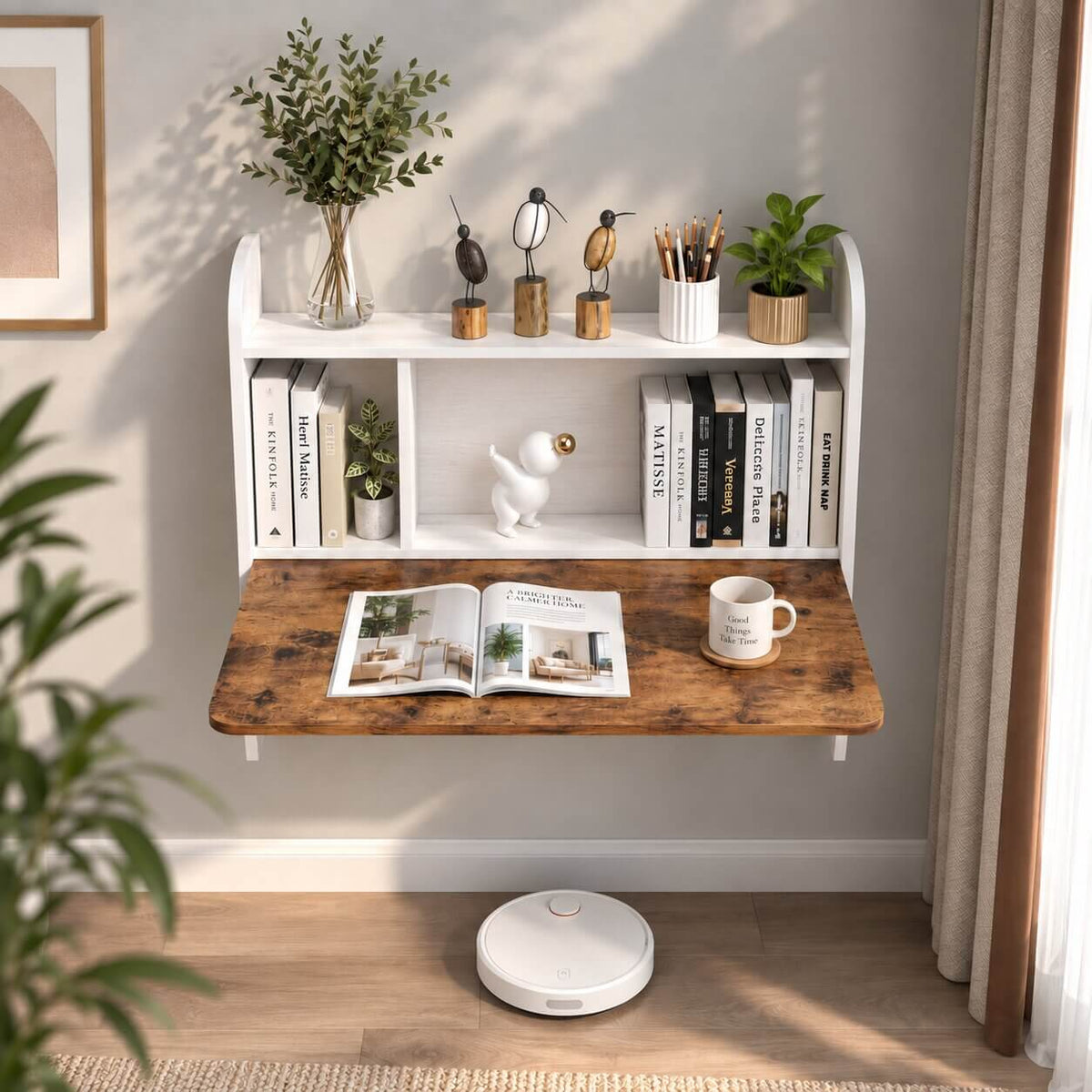 Rustic Brown Wood Wall Mounted Fold Down Desk with Storage Shelf, 33.07"W 31.7"H