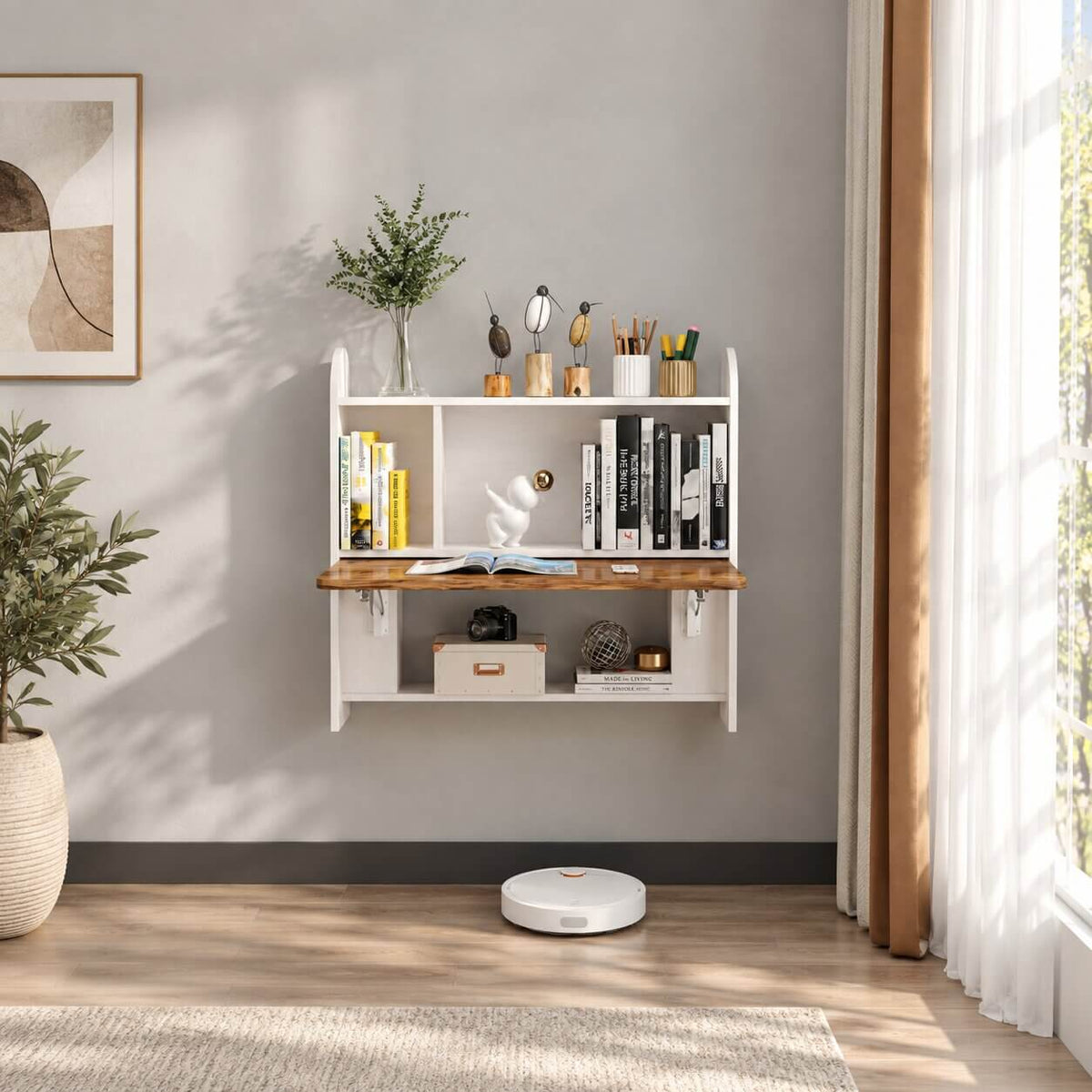 Rustic Brown Wood Wall Mounted Fold Down Desk with Storage Shelf, 33.07"W 31.7"H