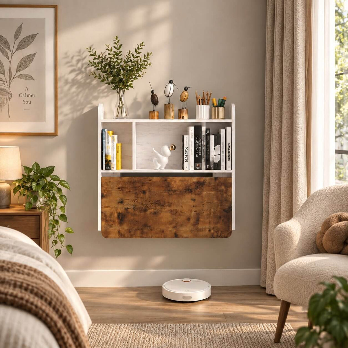 Rustic Brown Wood Wall Mounted Fold Down Desk with Storage Shelf, 33.07"W 31.7"H