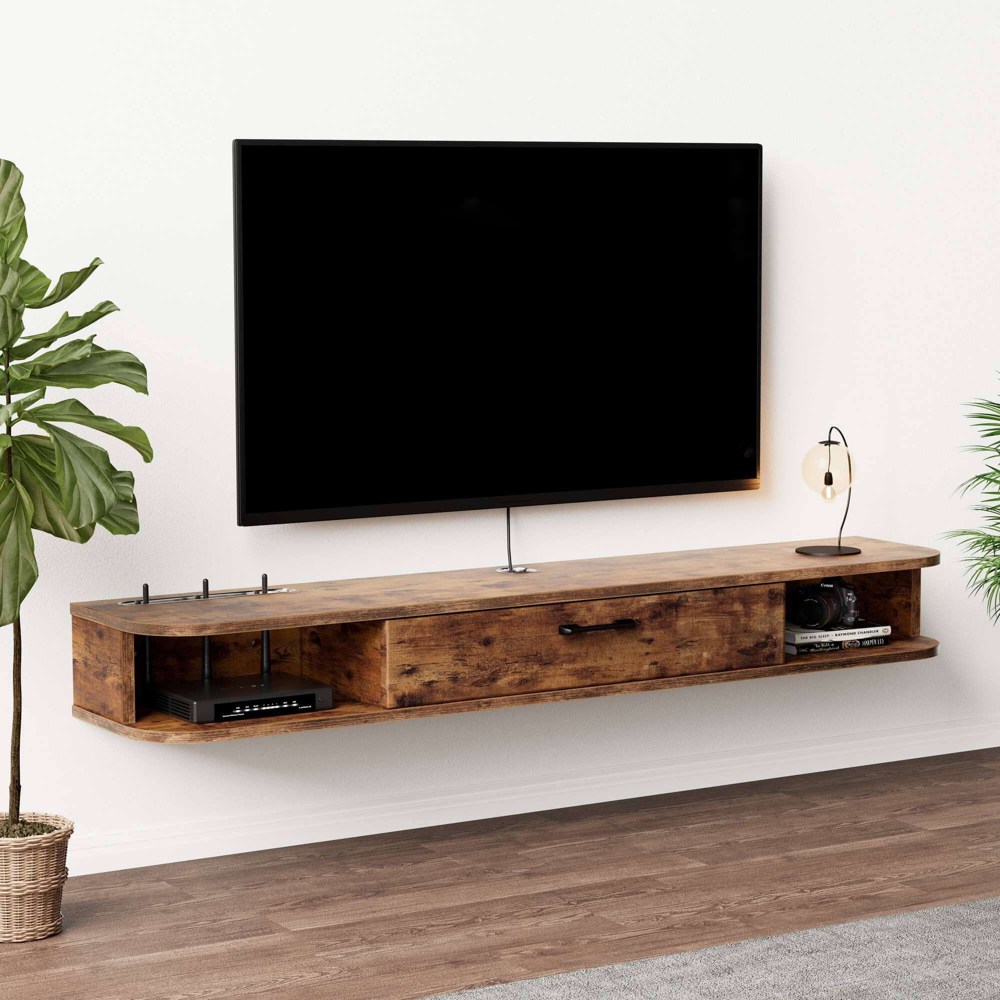 Rustic Brown Floating Entertainment Center for 50” 55” Wall Mounted TV, Narrow Low Profile TV Stand for Small Space, 55.11"W x 9.29"D x 7.13"H