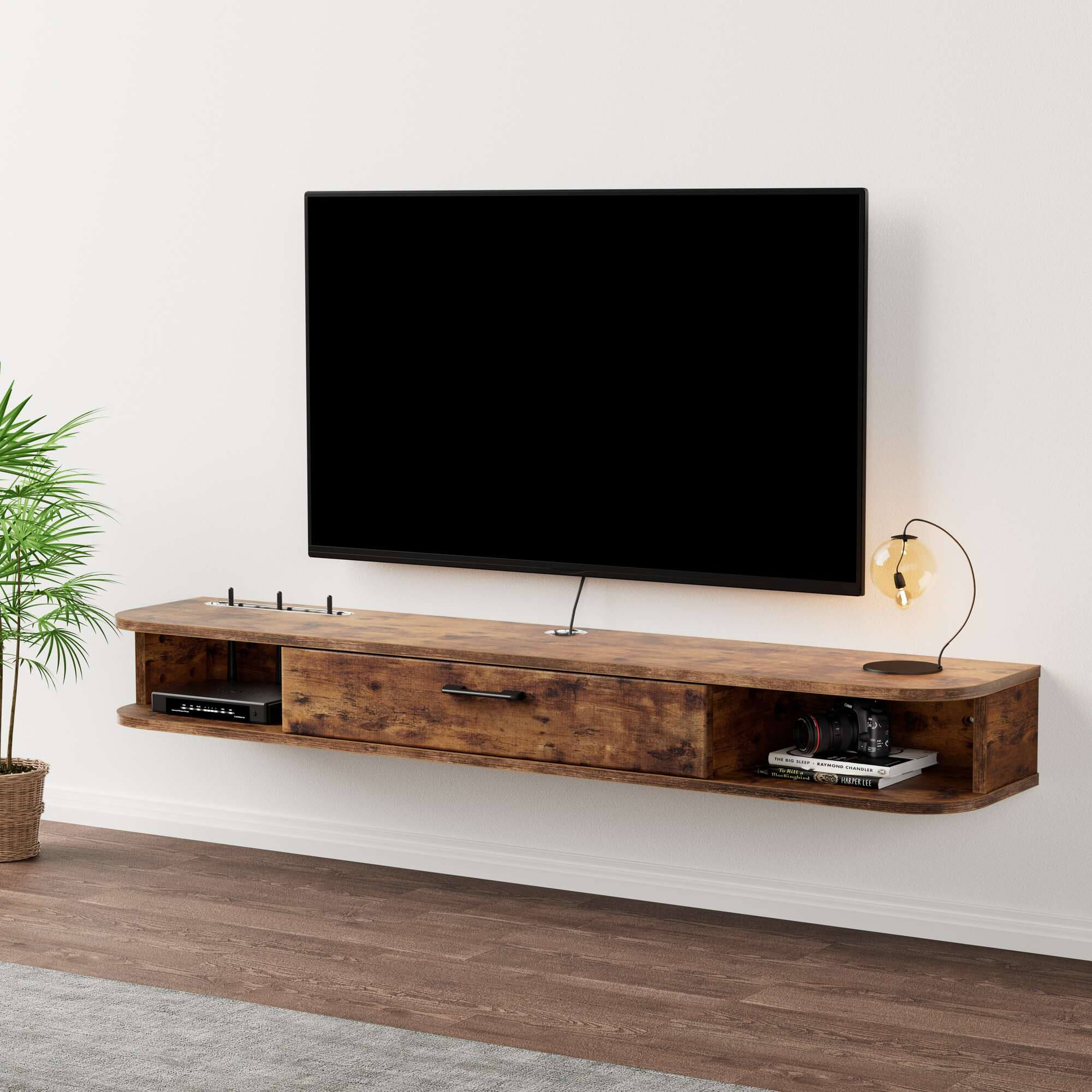 Farmhouse Dark Brown Floating Media Console for 50” 55” Wall Mounted TV, Slim Shallow TV Stand for Bedroom, Living Room, Office, Hotel