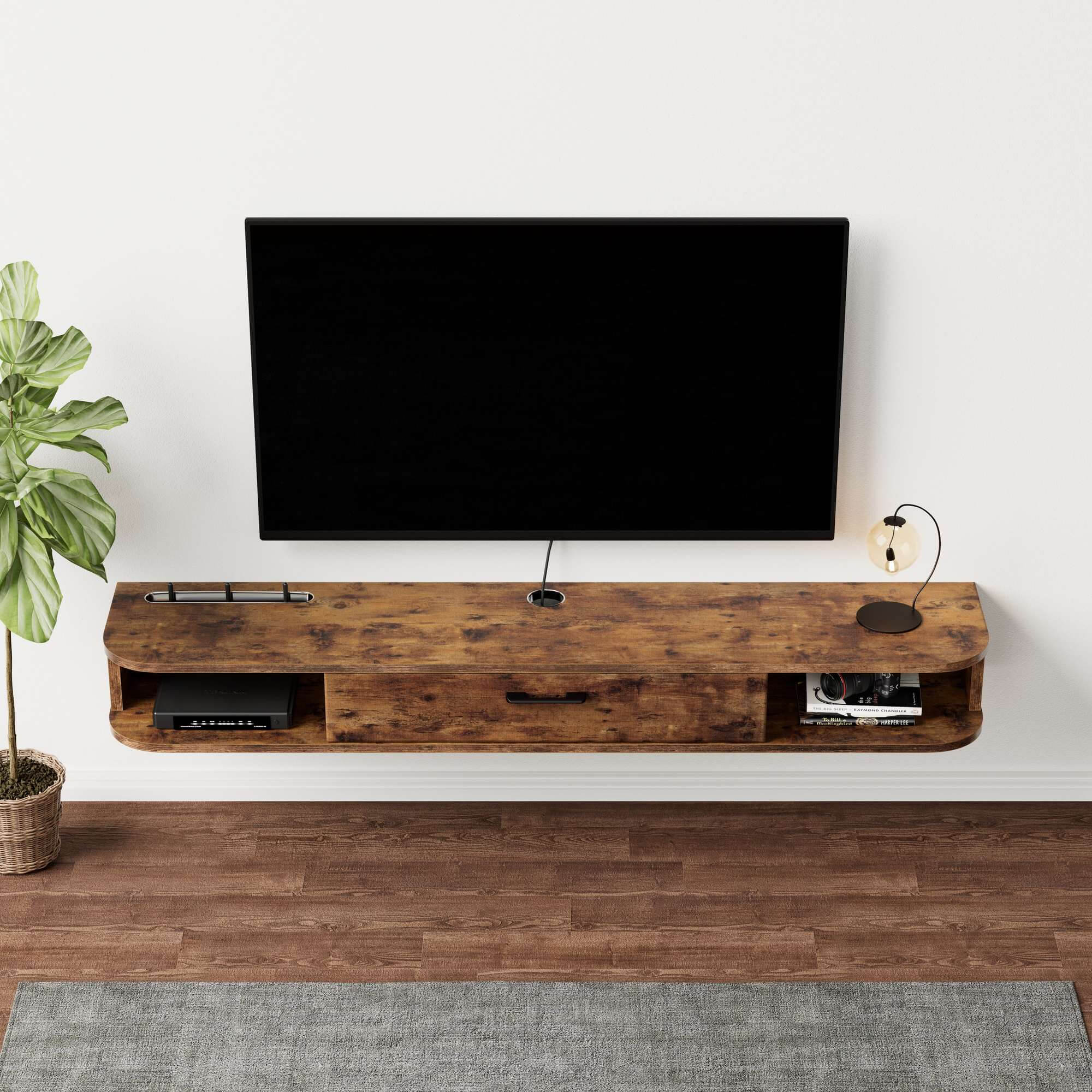 Country Style Dark Brown Floating TV Cabinet for 50” 55” Wall Mounted TV, 4.5 ft Media Shelf with Door Storage for TV Equipment