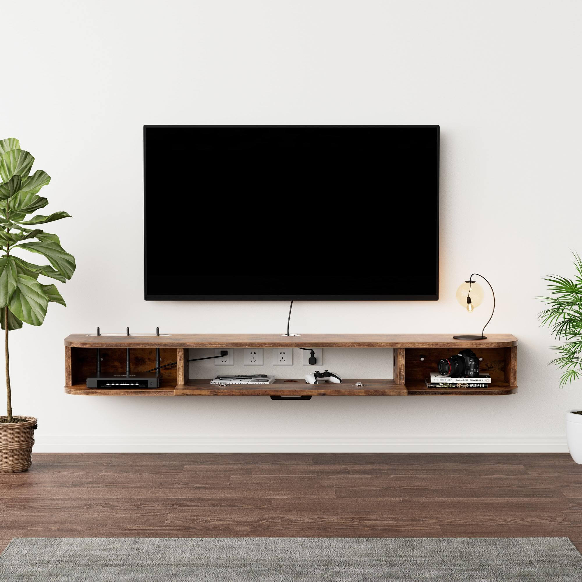 Dark Brown Modern Floating TV Shelf for 50” 55” Wall Mounted TV with Cable Management to Hide Wires, 55.11"W x 9.29"D x 7.13"H