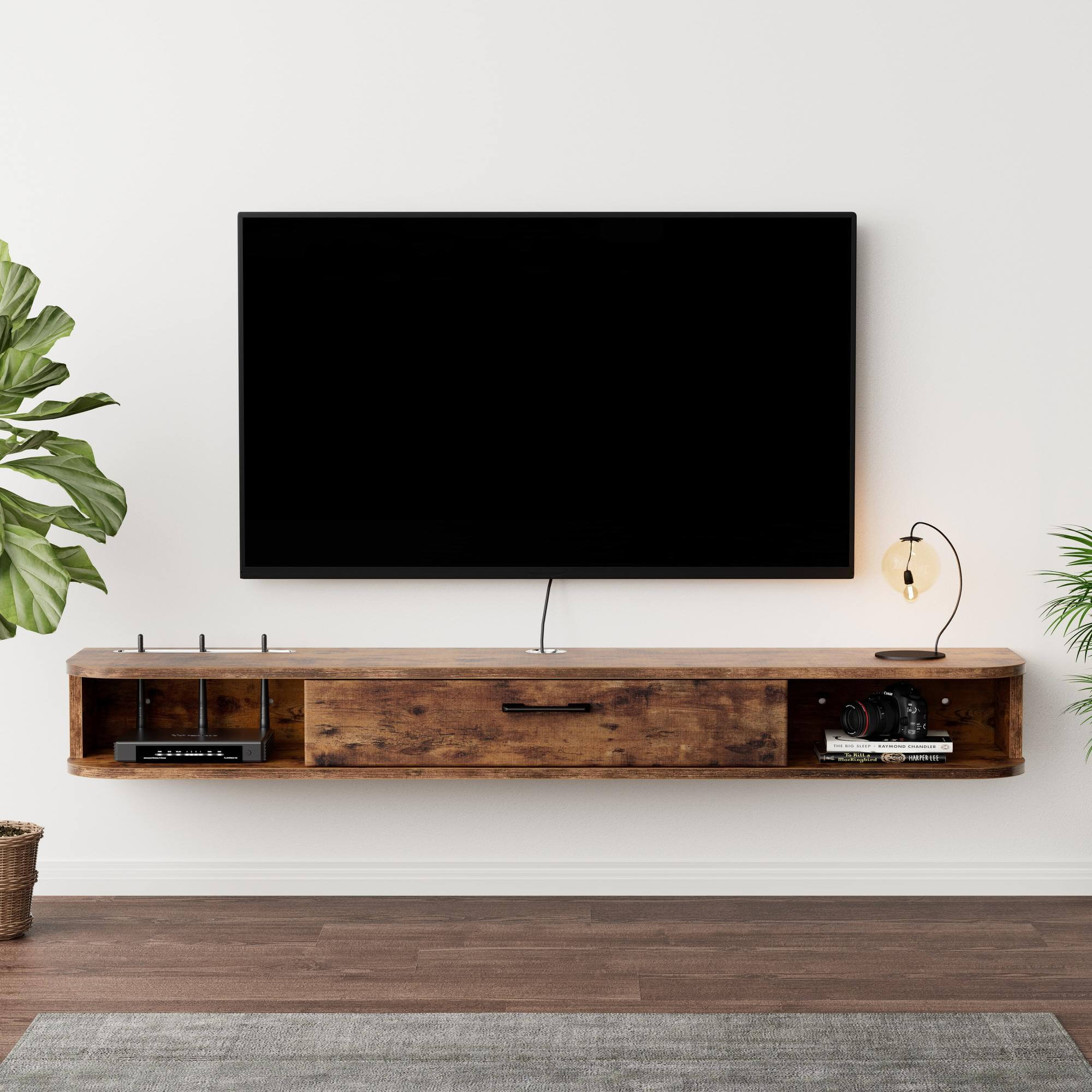 Rustic Brown 55 Inch Floating Wood Shelf under Wall-mounted TV with Storage for Cable Box, Game Consoles, DVD Player, Sound Bar, AV Receivers