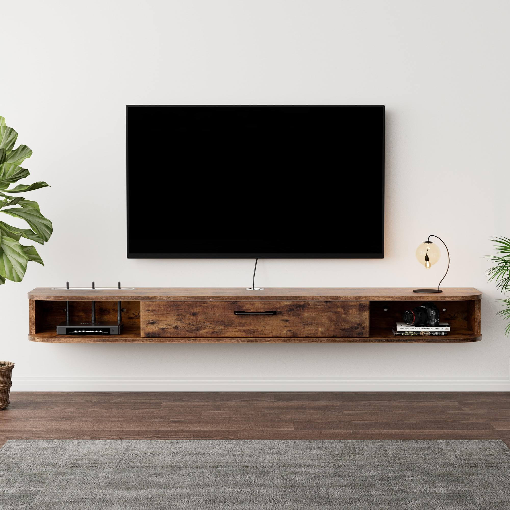 Dark Brown Modern Plywood Floating TV Shelf for 65” 70” TV, Mid Century Wall Hanging TV Stand, 62.99"W x 9.29"D x 7.13"H
