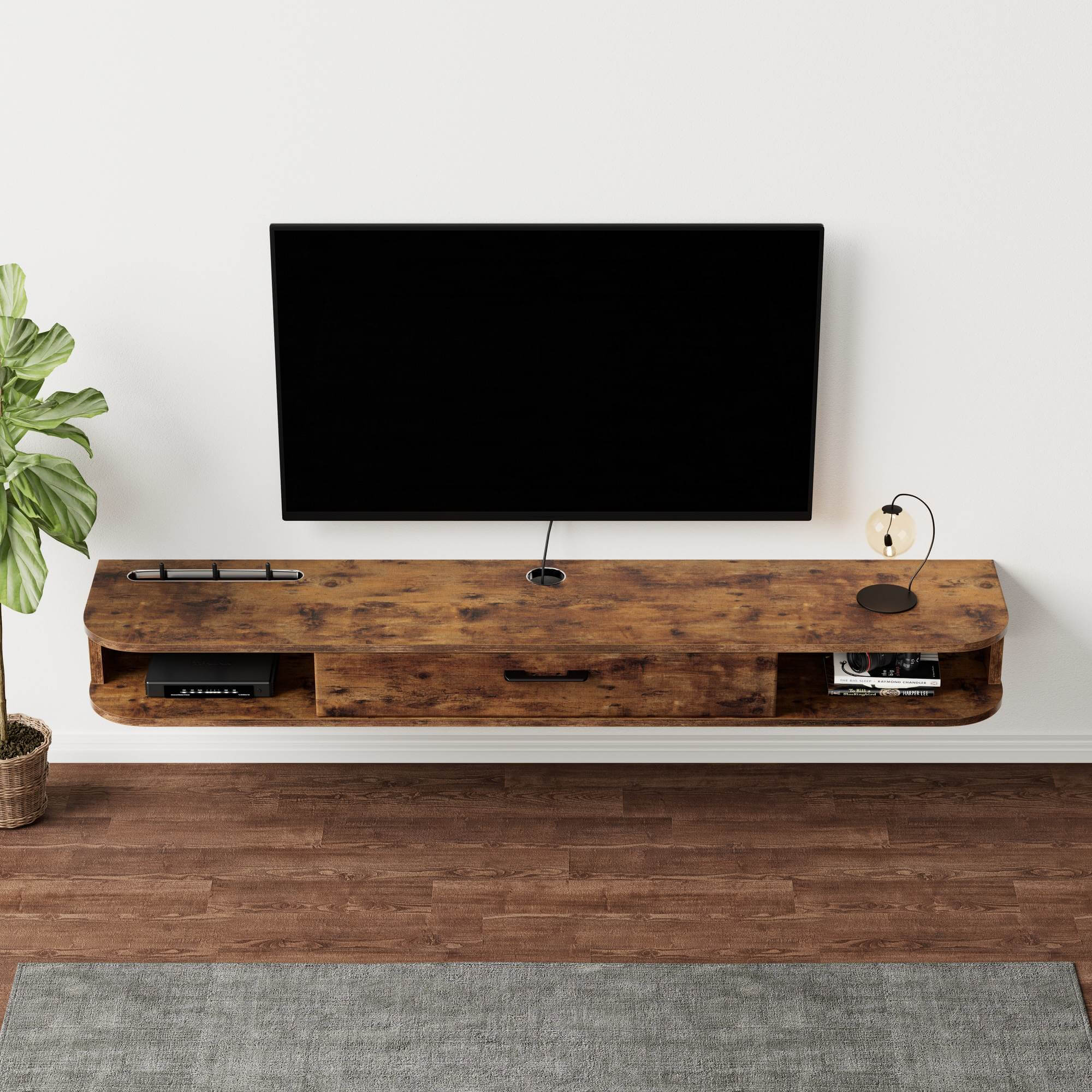 Dark Brown Minimalist Floating TV Cabinet, Under TV Shelf for 65” 70” Wall Mounted TV, Low Profile TV Stand, 62.99"W x 9.29"D x 7.13"H