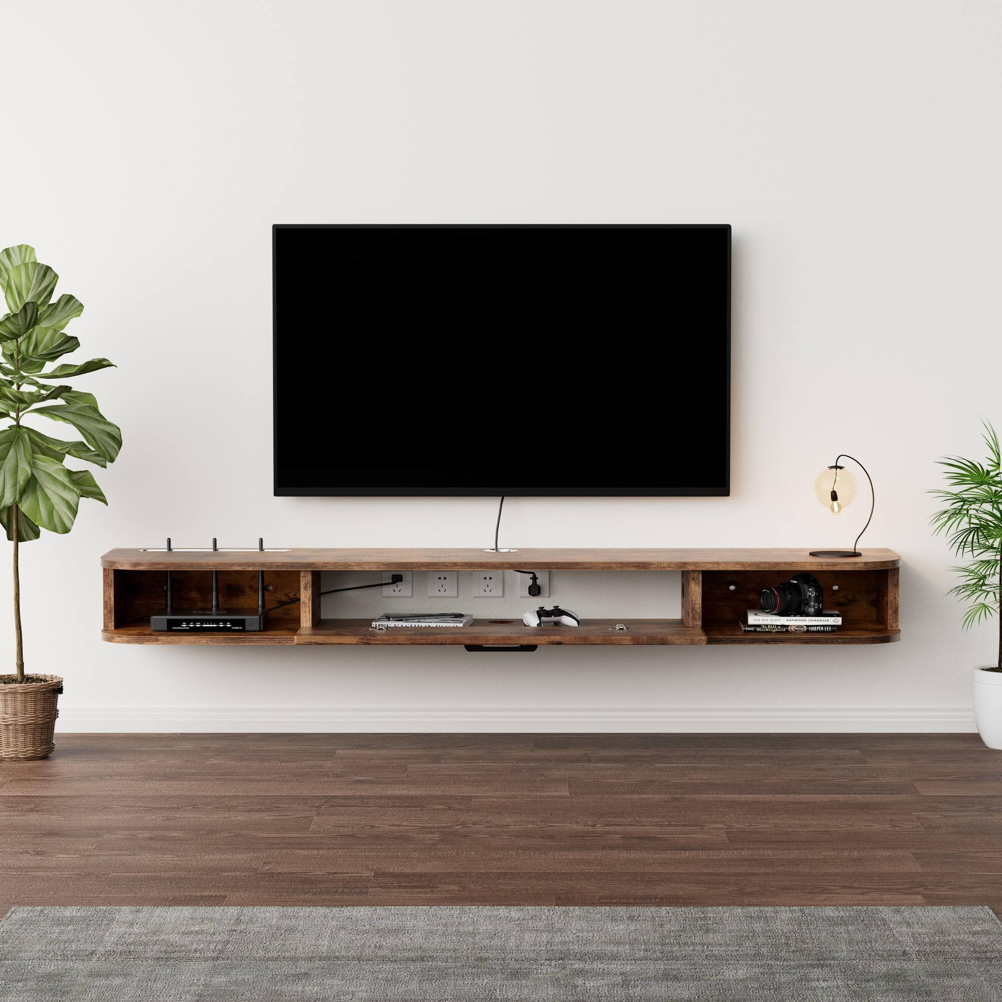 63 Inch Dark Brown Floating Wood Shelf under Wall-mounted TV with Media Storage for Cable Box, Game Consoles, DVD Player, Sound Bar, AV Receivers