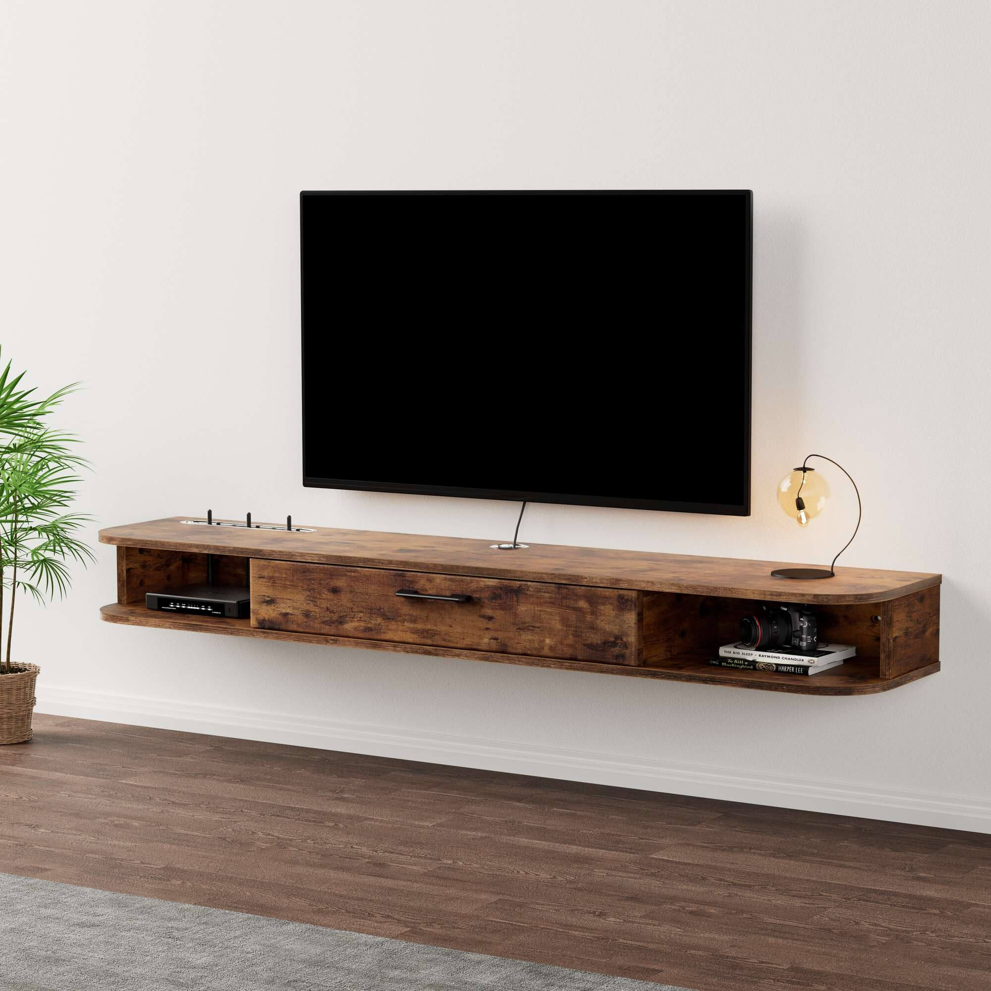 Country Style Rustic Brown Floating Entertainment Center for 65” 70” Wall Mounted TV, Small TV Stand for Bedroom, Living Room, Office, Hotel