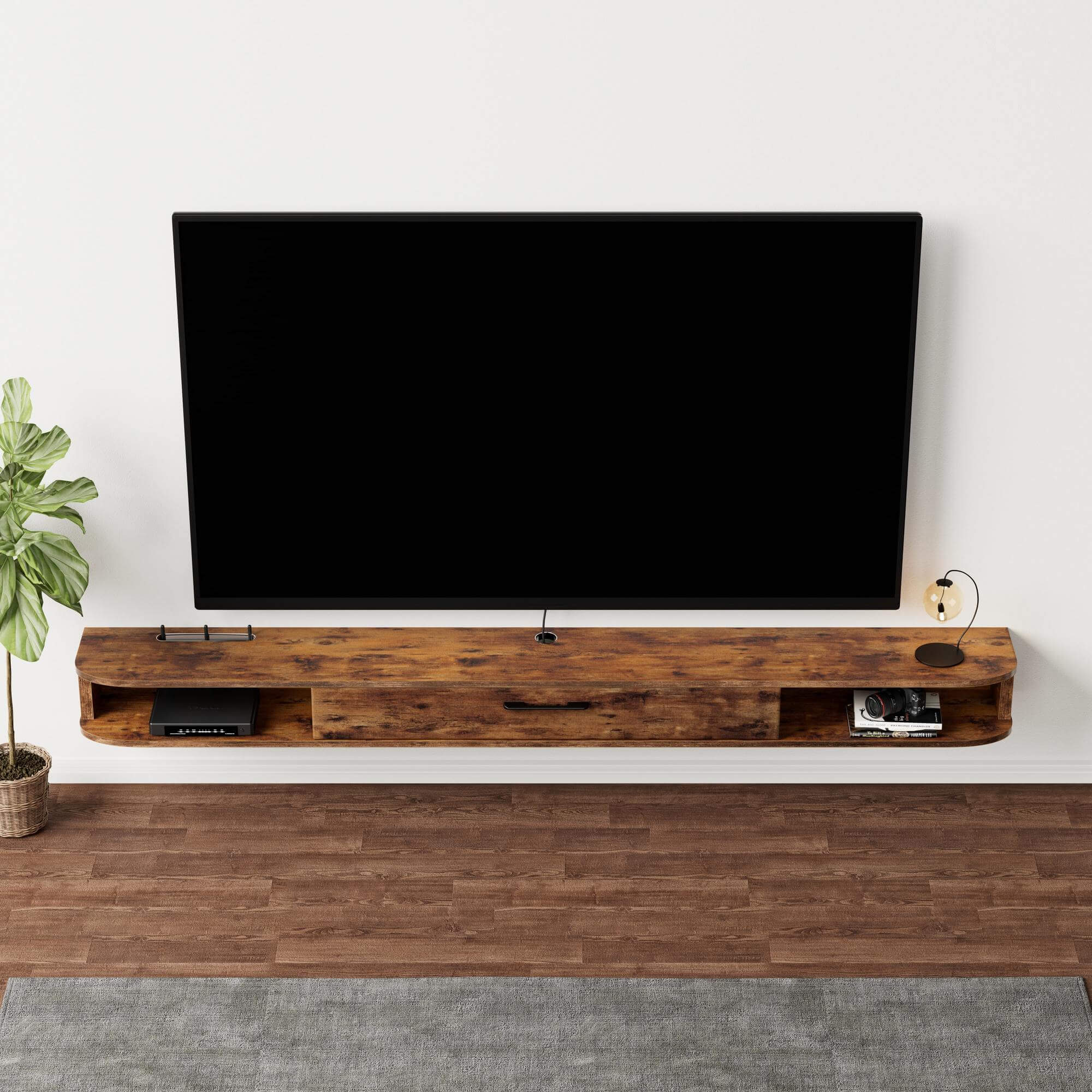 Dark Brown Floating Media Shelf for 75-85 Inch TVs, with Door Storage for Cable Box, Game Consoles, DVD Player, Sound Bar, AV Receivers