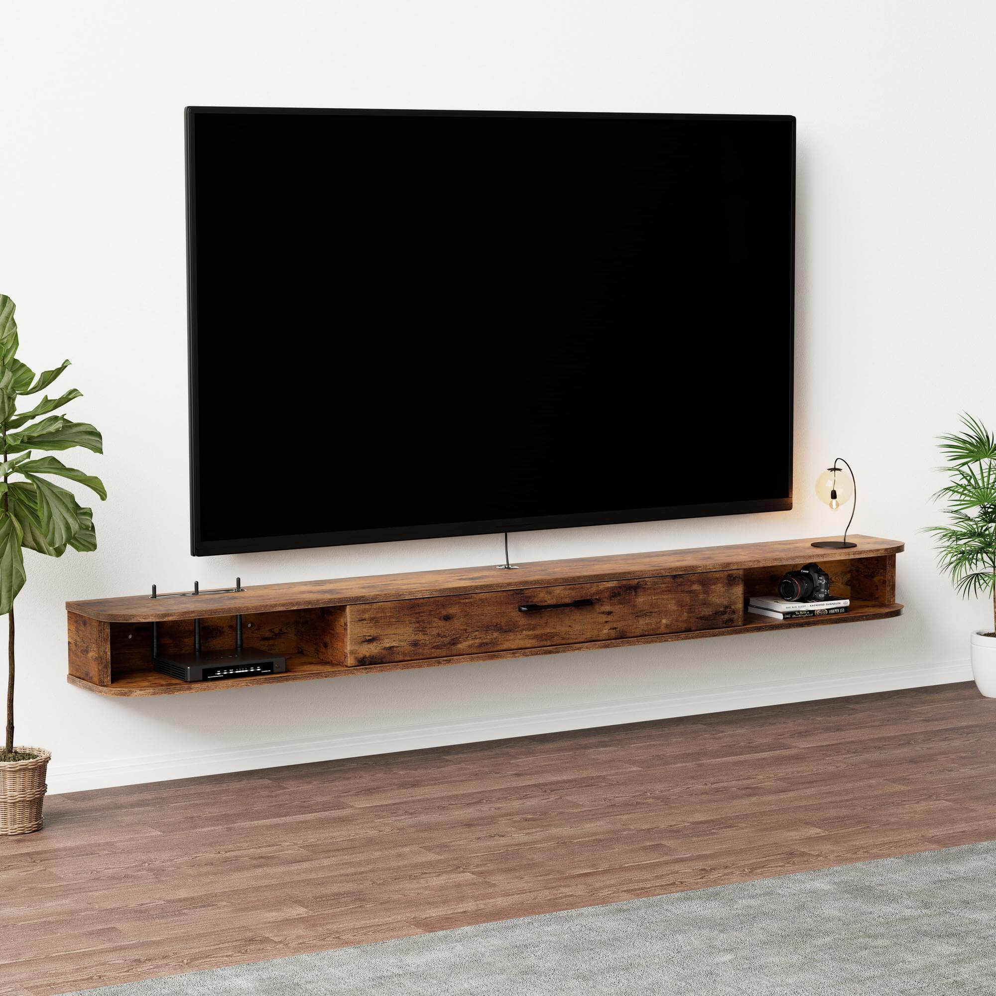 Country Style Dark Brown Wooden Floating Media Console for 75-85 inch TVs, Under TV Shelf with Storage, 78.74"W x 9.29"D x 6.29"H