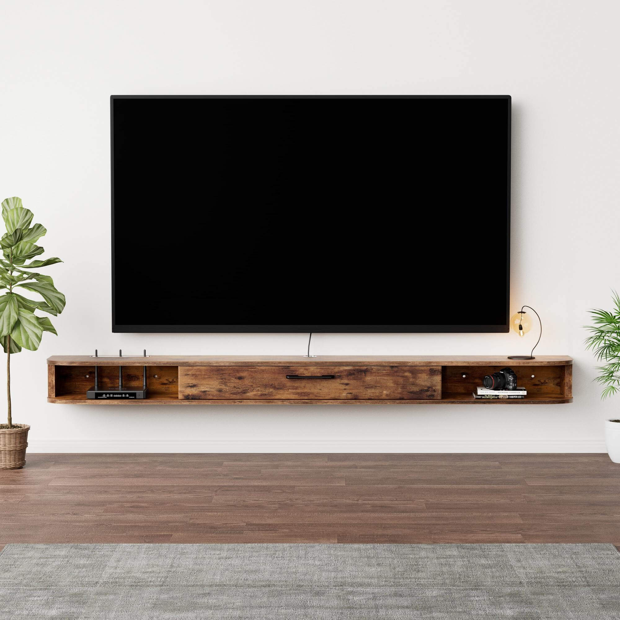 78.74" Floating Entertainment Center under 75-85 Inch TVs, Rustic Wood Media Shelf for Wall Mounted TV, Dark Brown