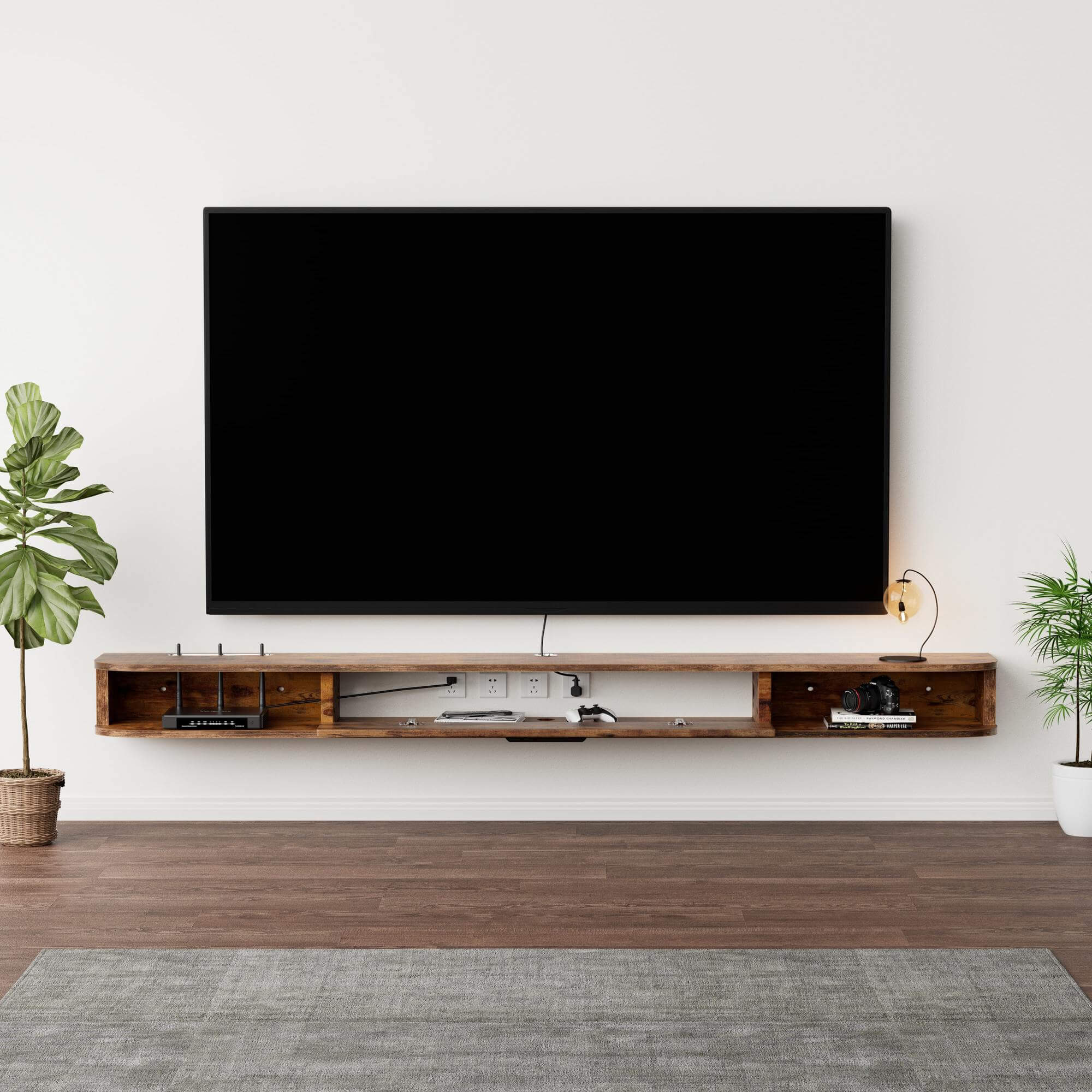 Modern Farmhouse Dark Brown Wood Wall Mounted Entertainment Center for 75-85 inch TVs with Cable Management