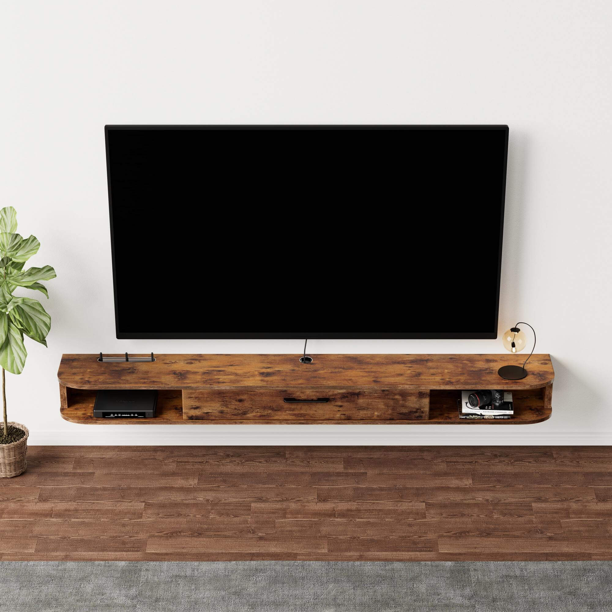 Farmhouse Dark Brown Floating Media Console for Wall-Mounted 75” 80” TV, Narrow Hanging Entertainment Unit for Large TV