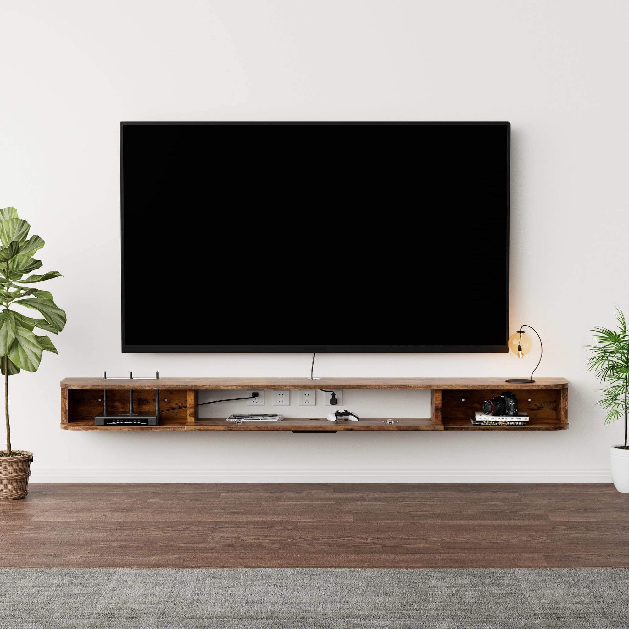 Dark Brown Plywood Floating Entertainment Center for Wall-Mounted 75” 80” TV, Low Profile TV Stand for Small Space