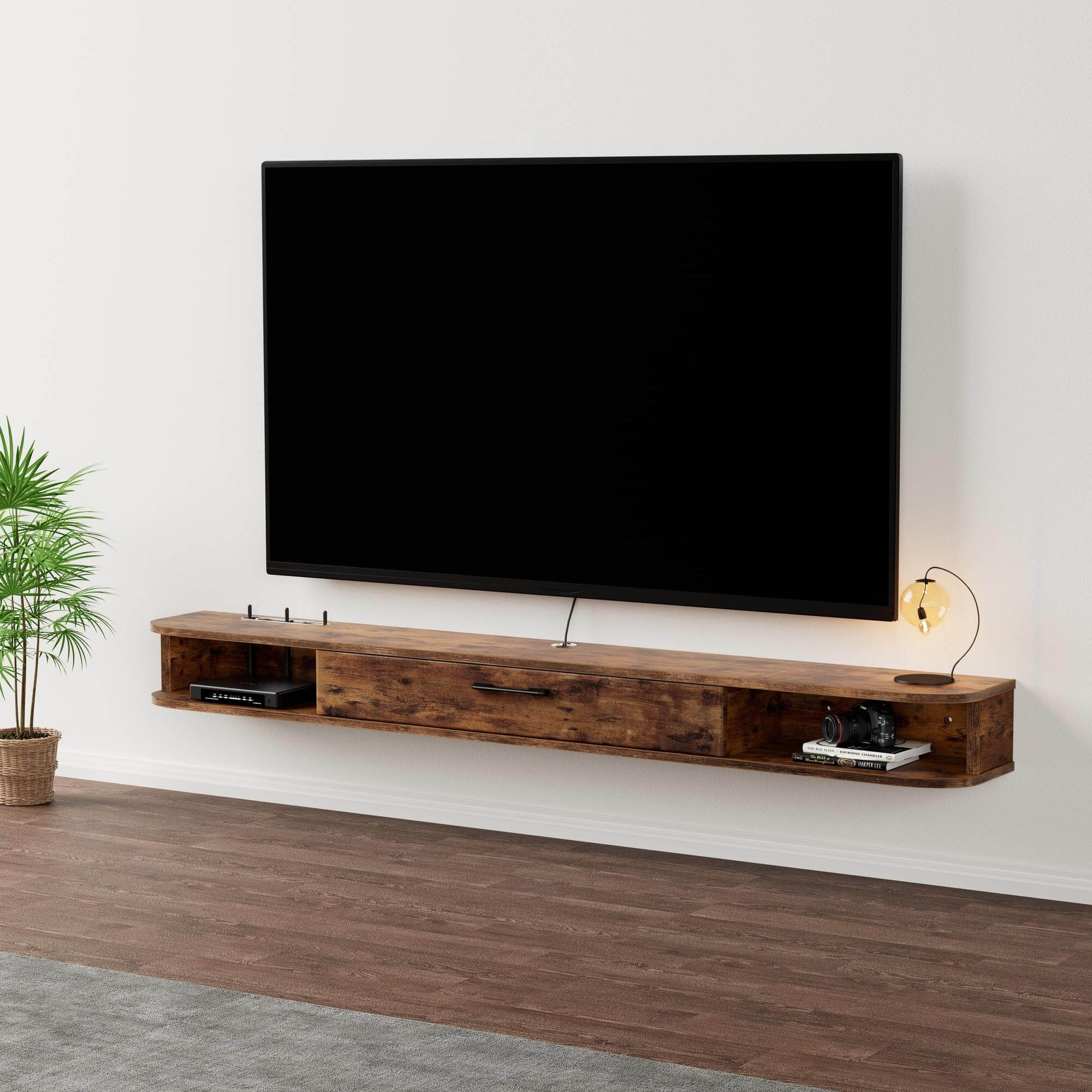 Dark Brown Plywood Floating TV Shelf for Wall-Mounted 75” 80” TV, Under TV Wall Shelf with Cable Management to Hide Wires