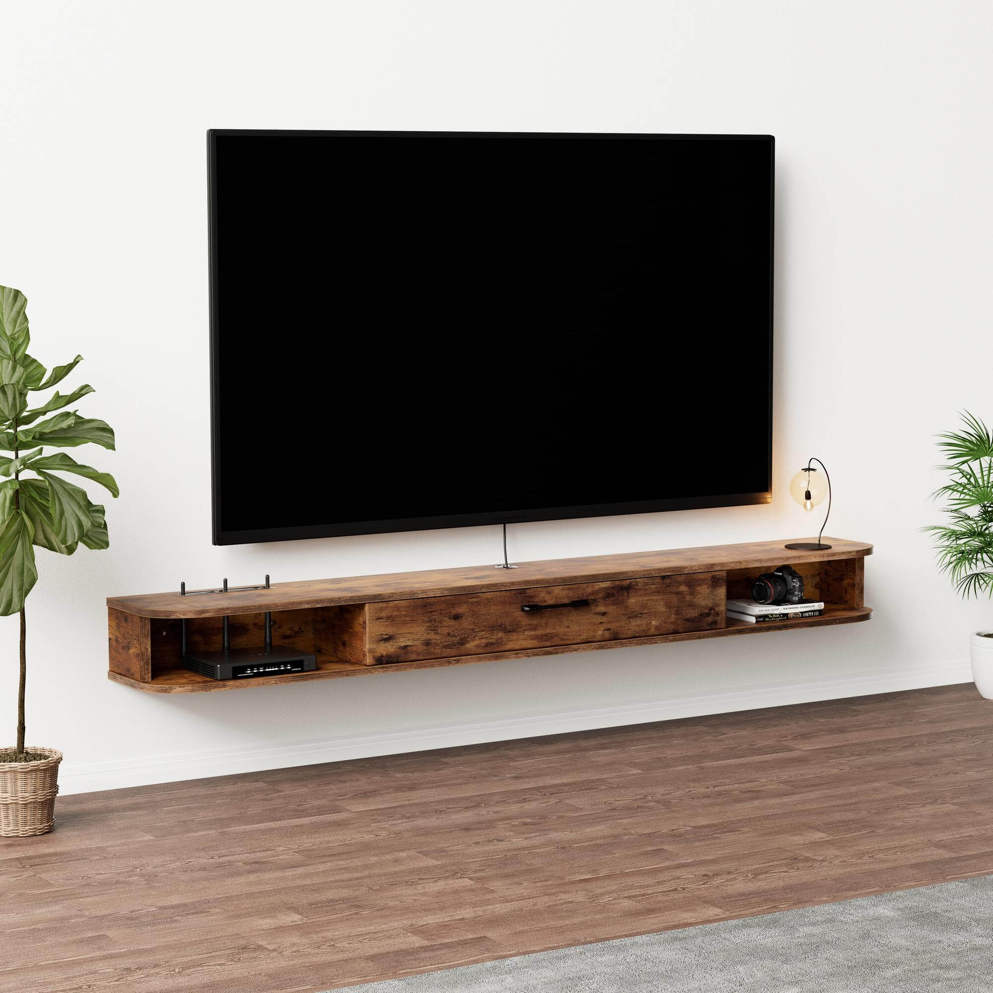 6ft Rustic Brown Floating Shelf for Wall-Mounted 75” 80” TV with Media storage,Country Style Wood Mantel Shelf with Media Storage