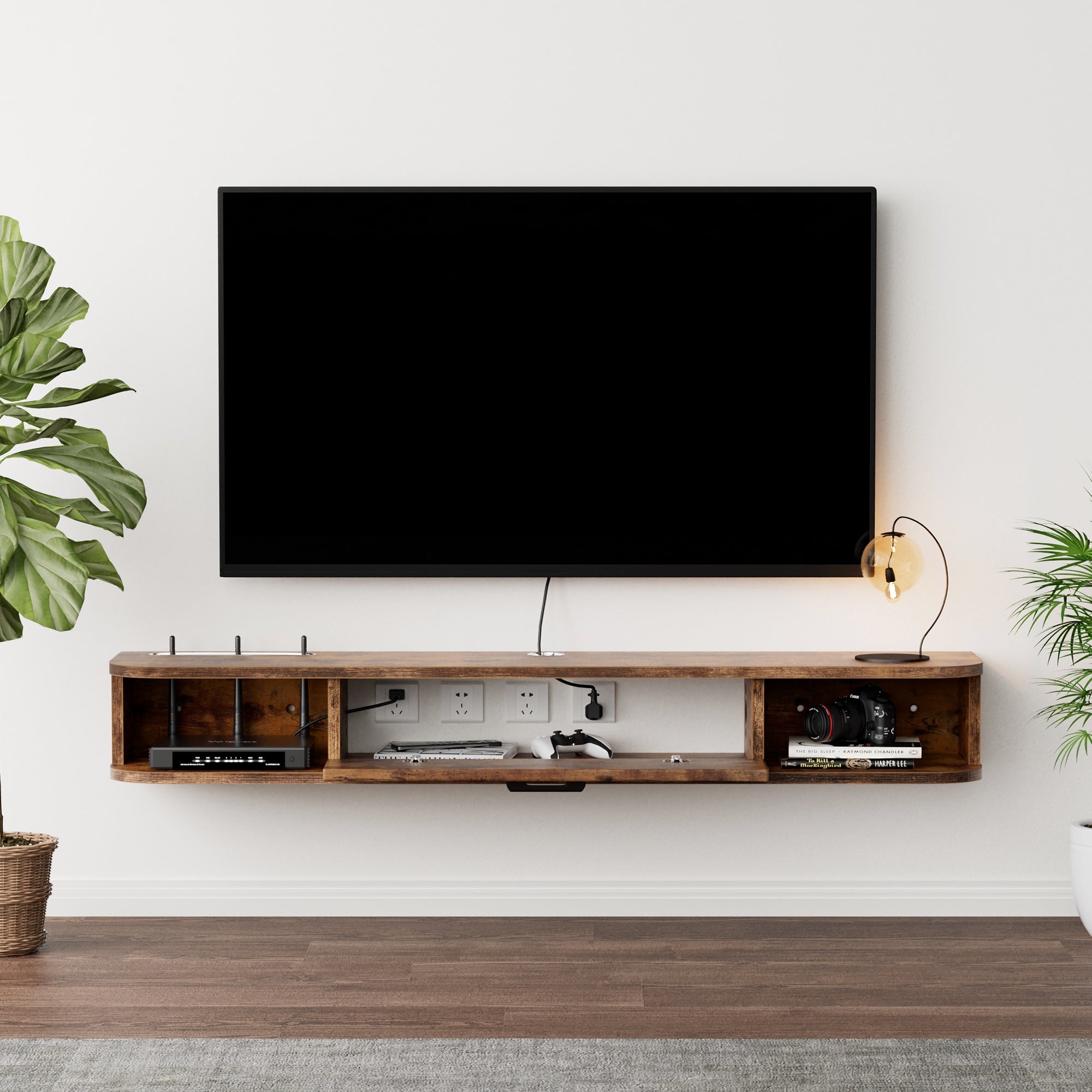 Dark Brown Country Style Floating TV Shelf for Small Space, Farmhouse TV Stand for 50 TVs with Door Storage