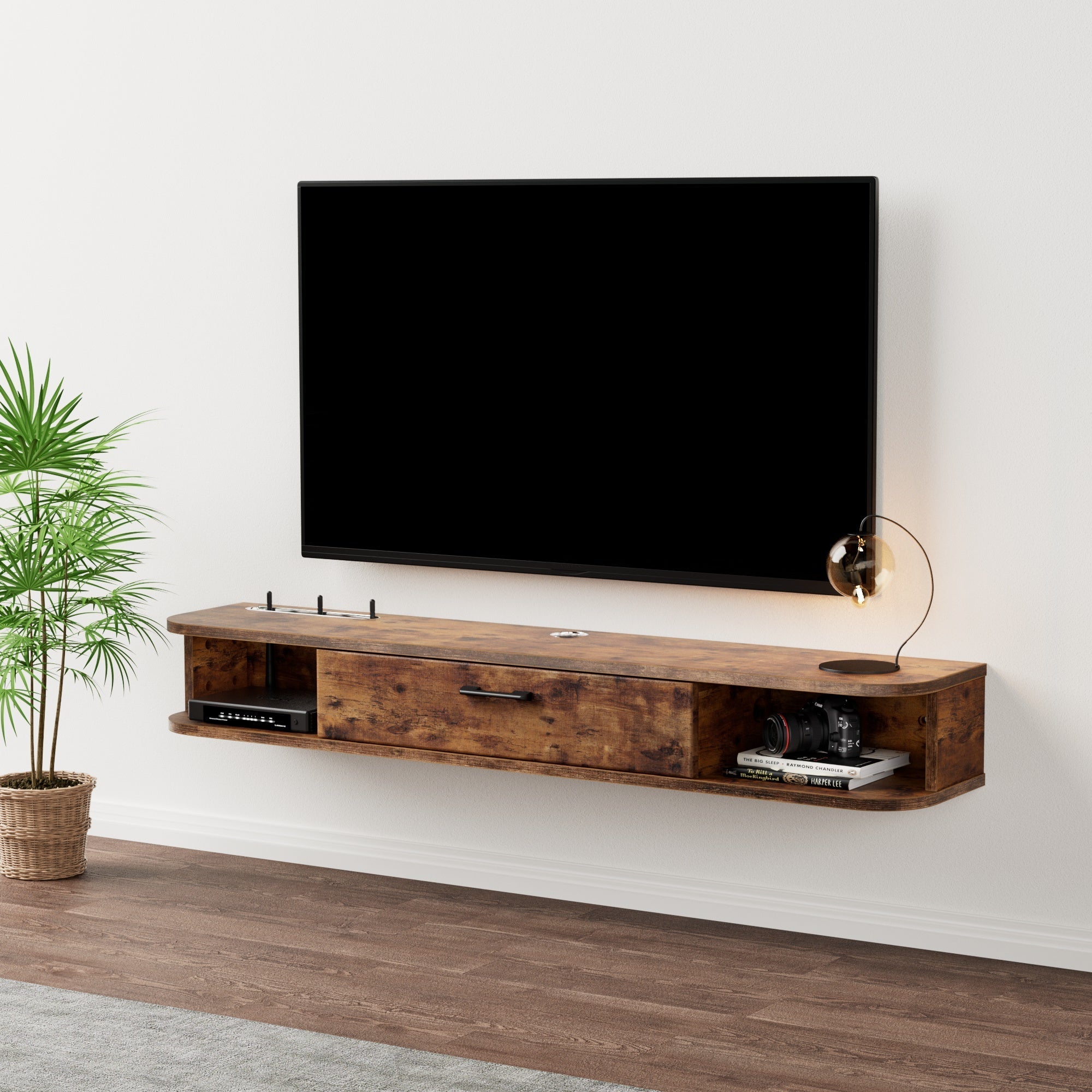 9.29” Deep Slim Floating Media Console for 50” TVs, Minimalist Wall Hanging TV Stand for Small TVs, Dark Brown