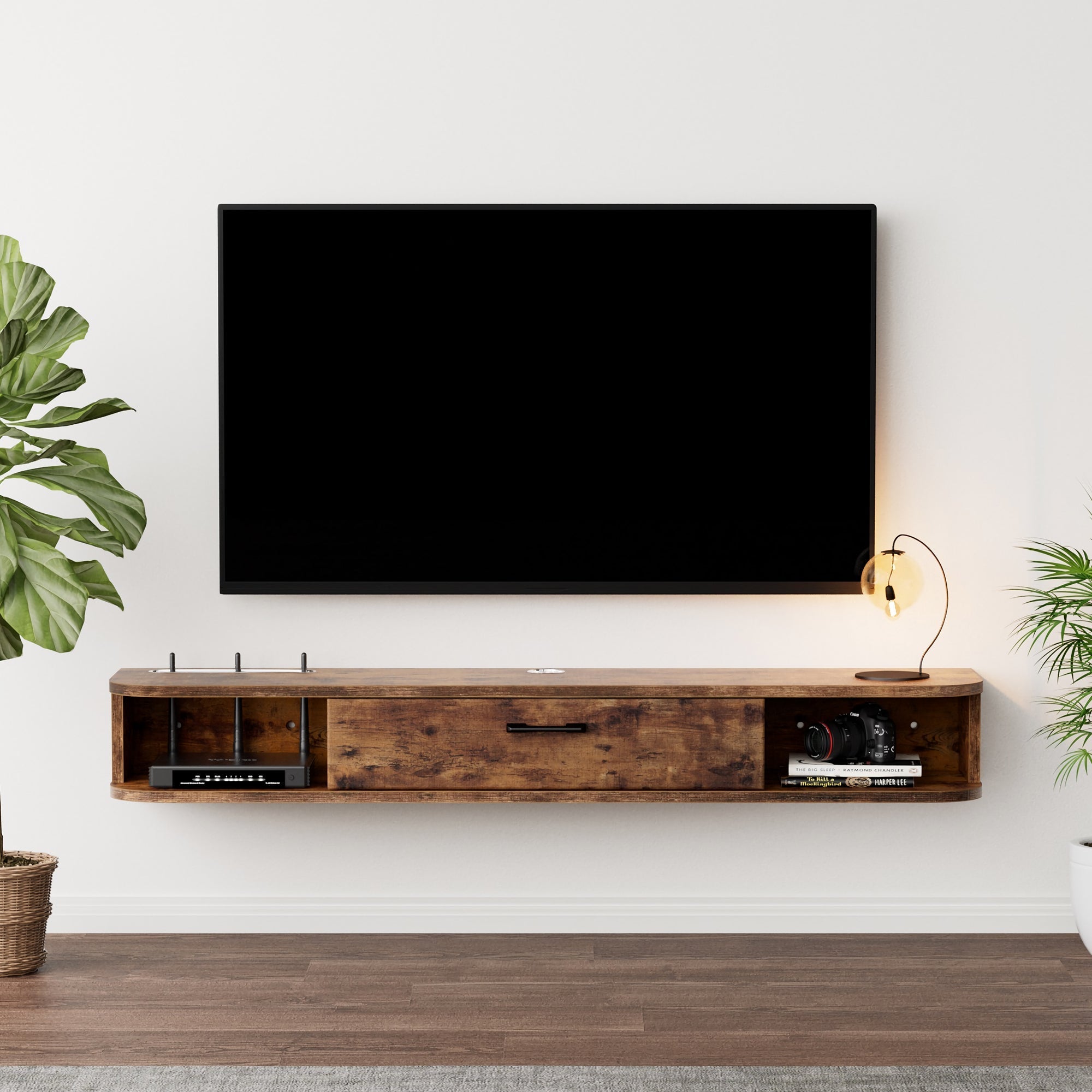 9.29” Deep Low Profile Floating TV stand for Small Spaces, Living Room, Bedroom, Rustic Dark Brown Short Entertainment Center