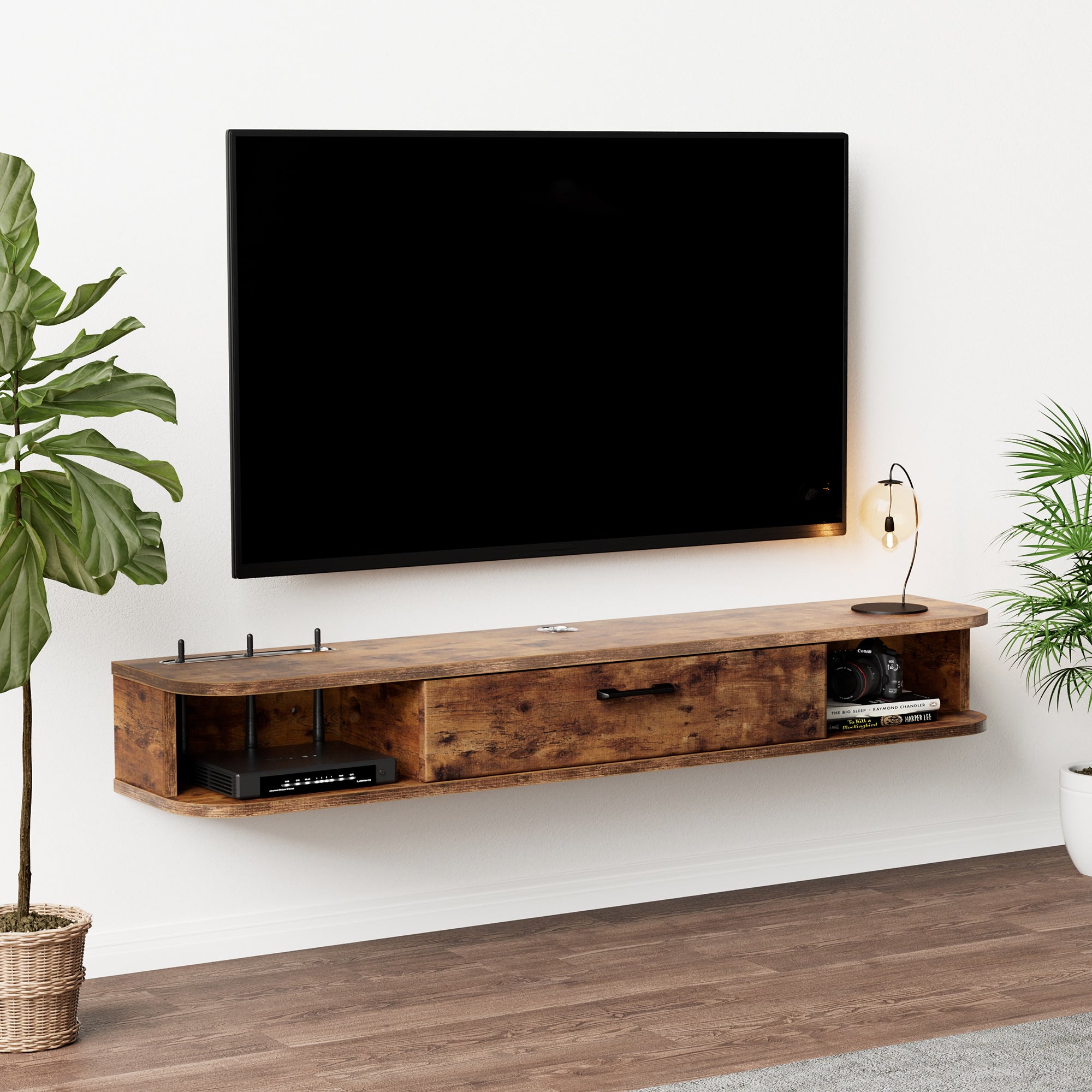 47.27” Small living Room Floating Entertainment Center under 50” TVs, Rustic Wood Media Shelf for Wall Mounted TV, Dark Brown