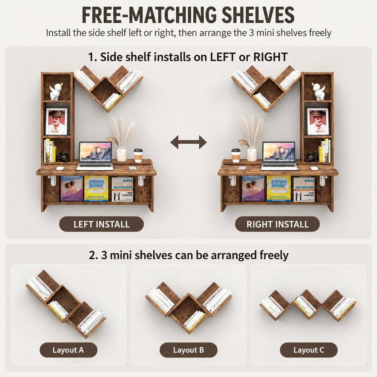 Rustic Brown Wall Mounted Fold Down Desk with Free Matching Shelves