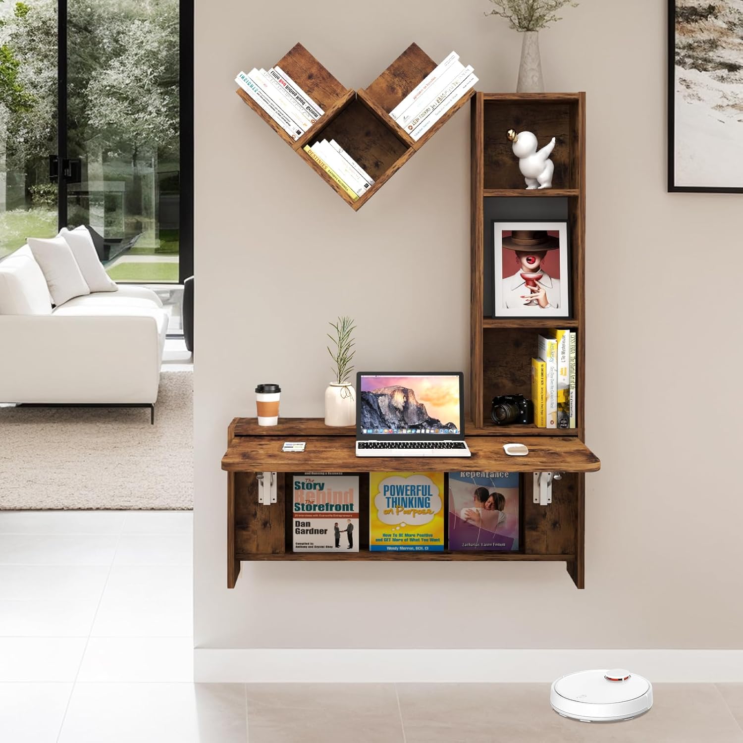 Rustic Brown Wall Mounted Fold Down Desk with Free Matching Shelves