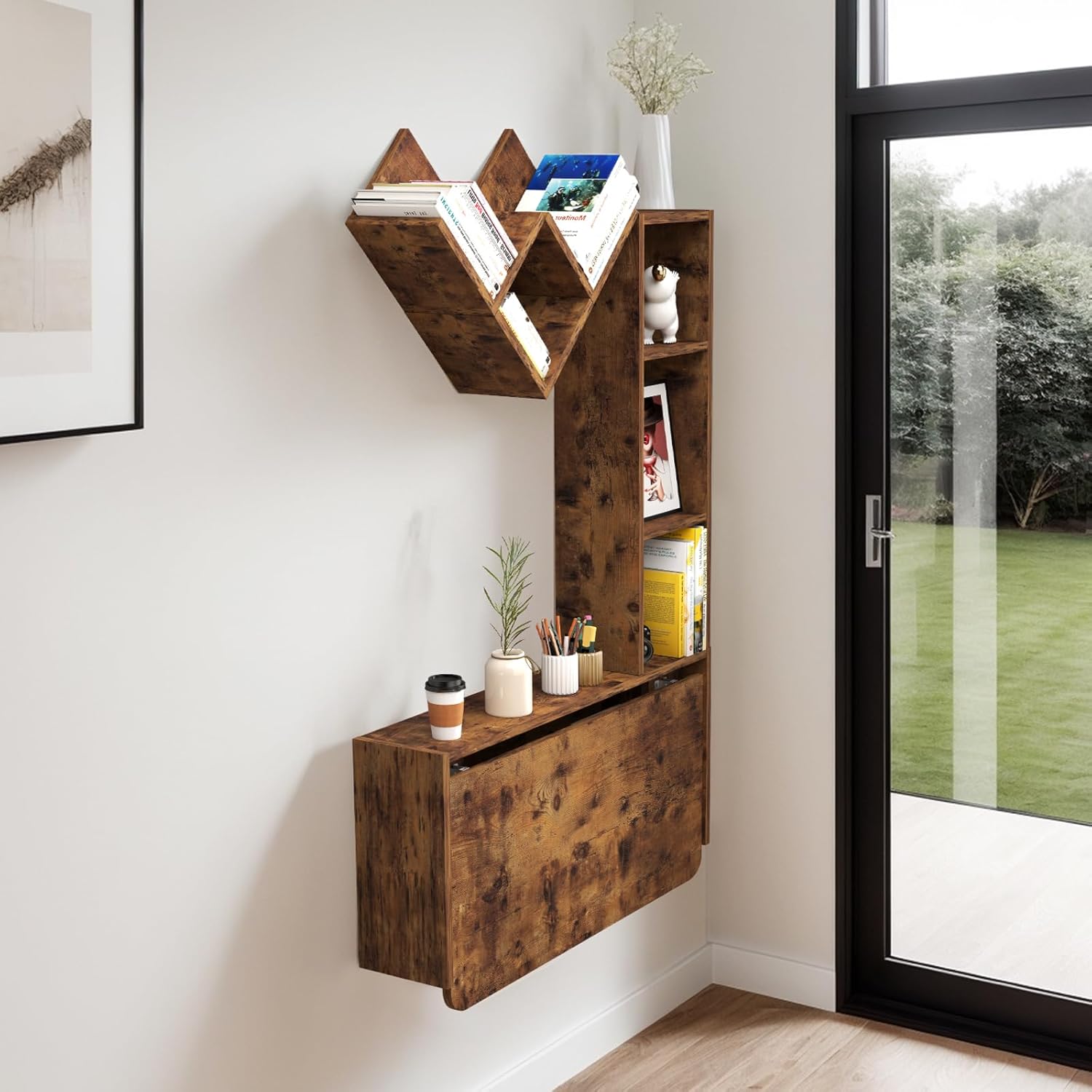 Rustic Brown Wall Mounted Fold Down Desk with Free Matching Shelves