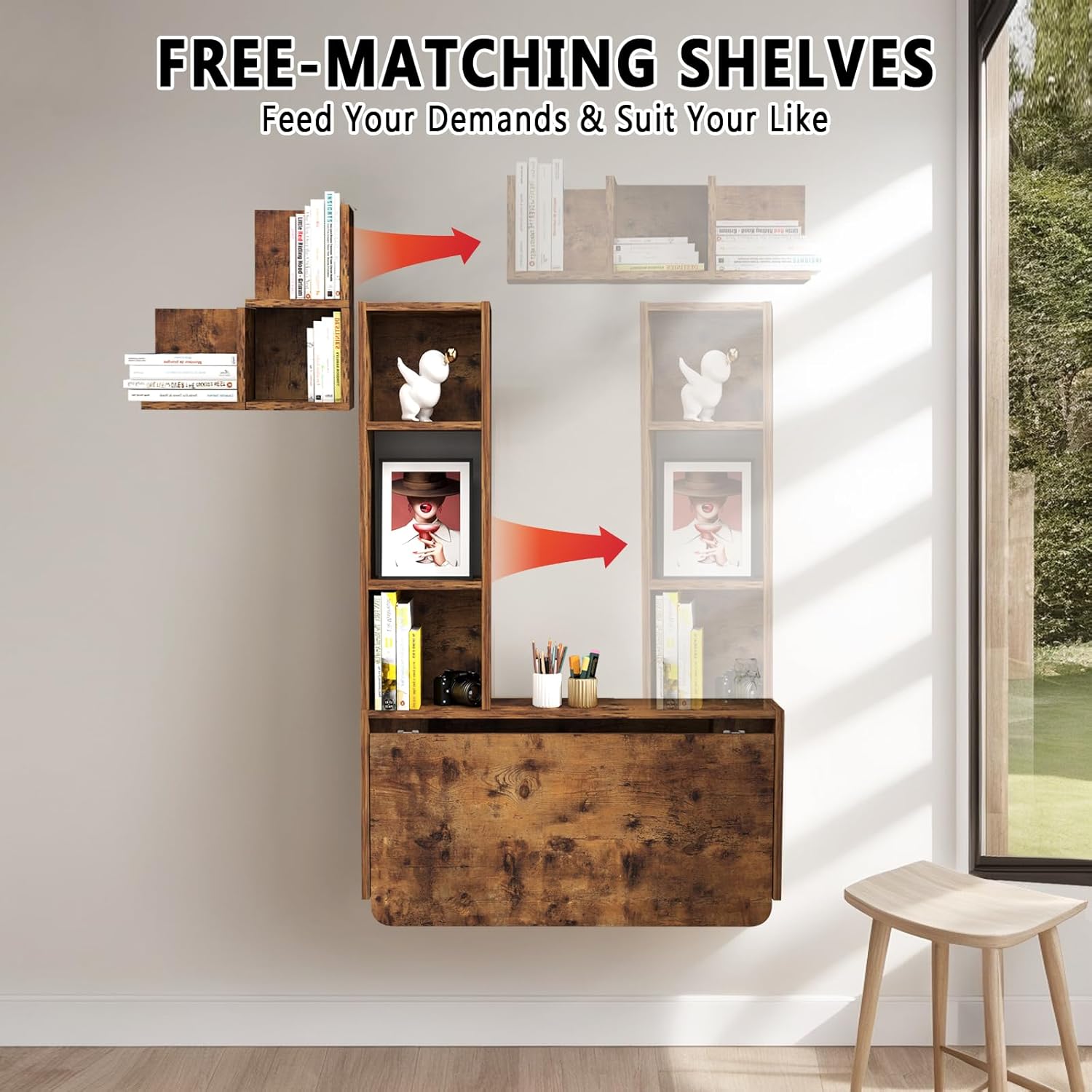 Rustic Brown Wall Mounted Fold Down Desk with Free Matching Shelves
