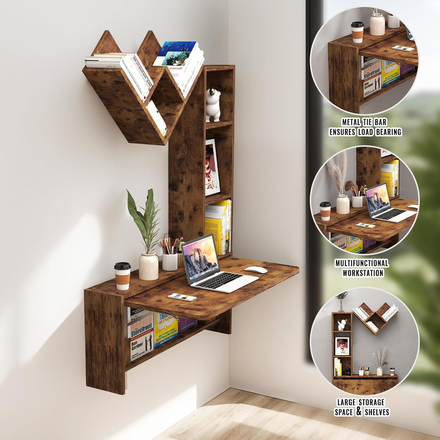Rustic Brown Wall Mounted Fold Down Desk with Free Matching Shelves