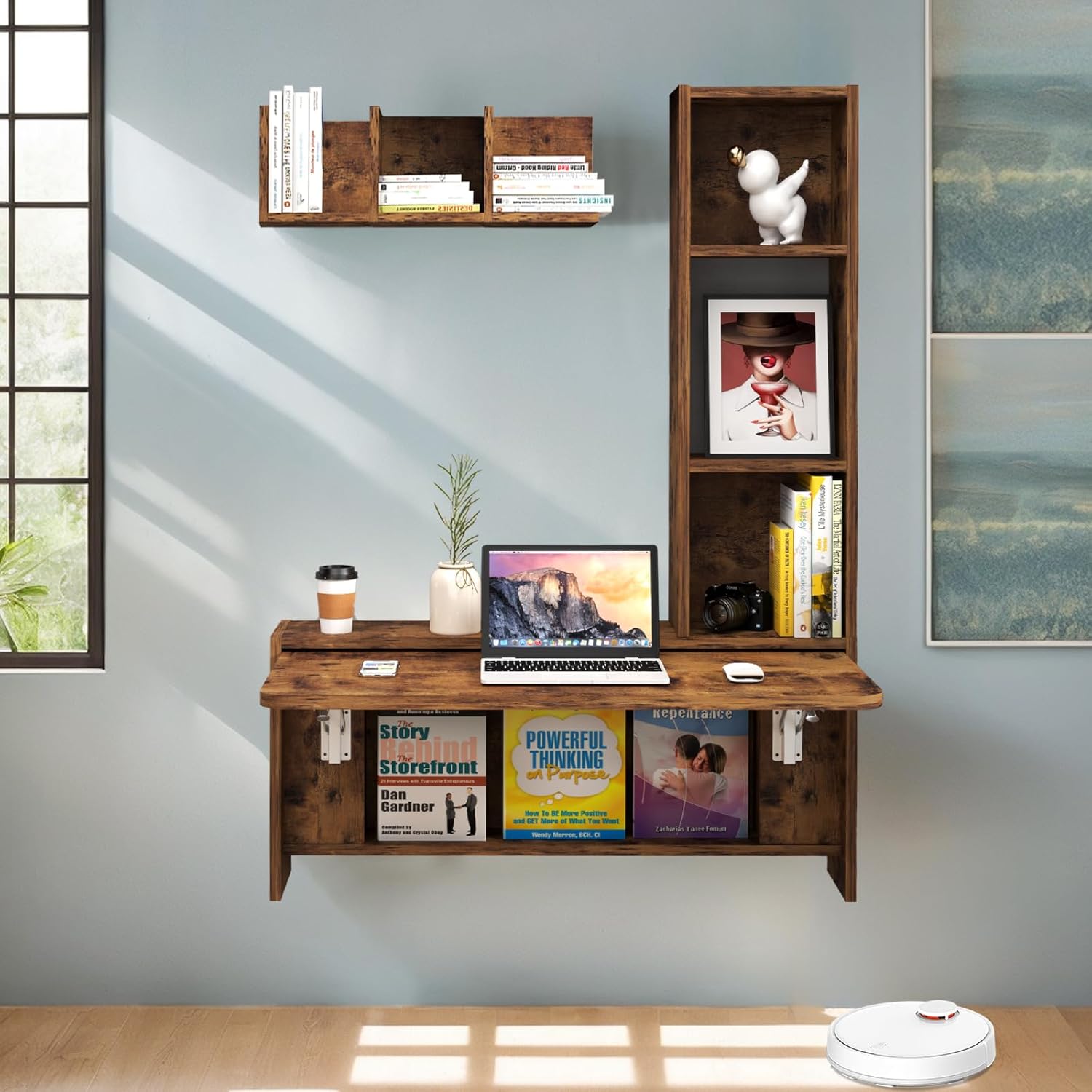 Rustic Brown Wall Mounted Fold Down Desk with Free Matching Shelves